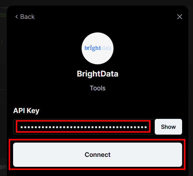 Pegue su clave API de Bright Data y pulse "Conectar".
