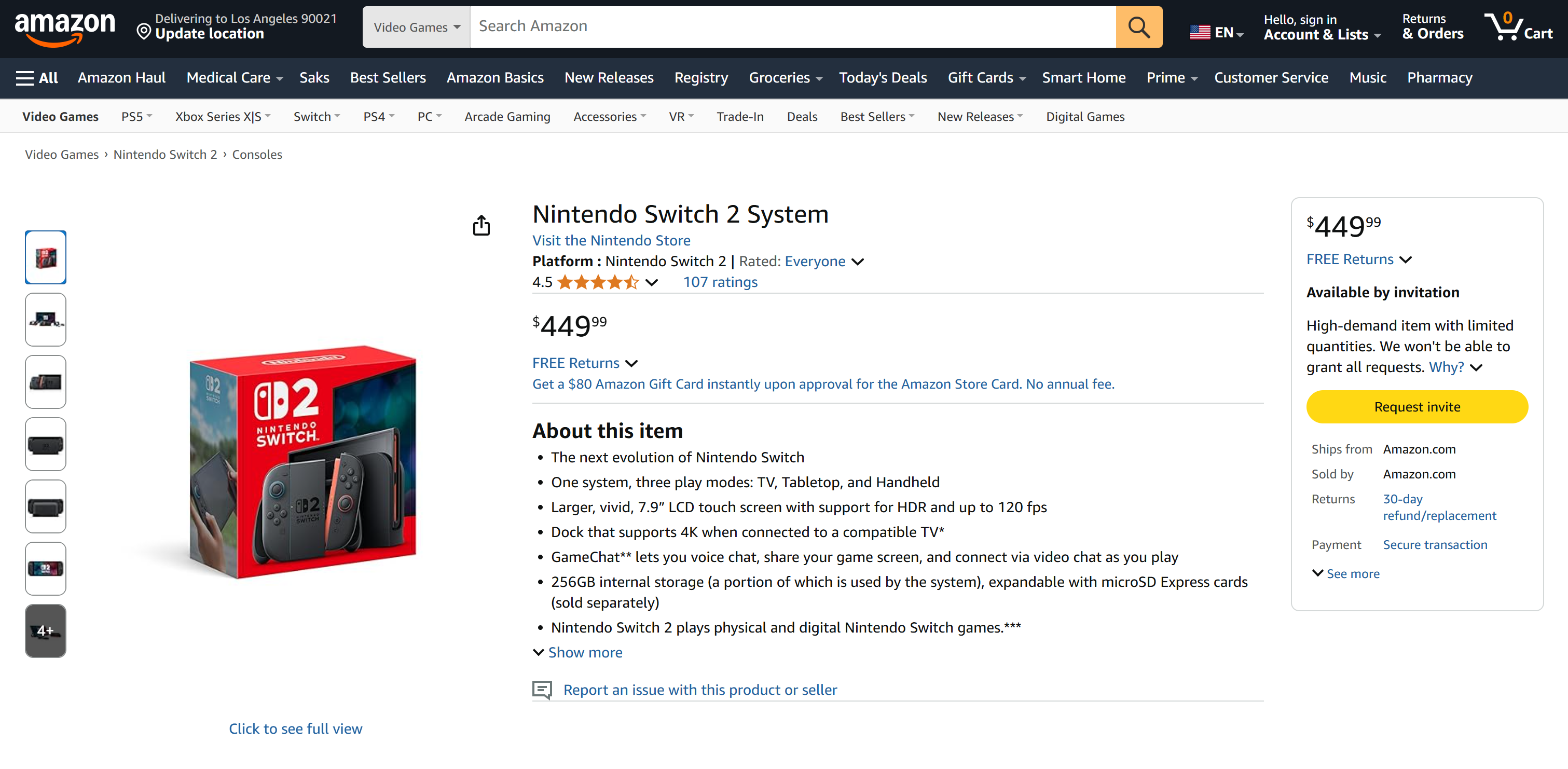 La página de objetivos de Nintendo Switch 2 en Amazon