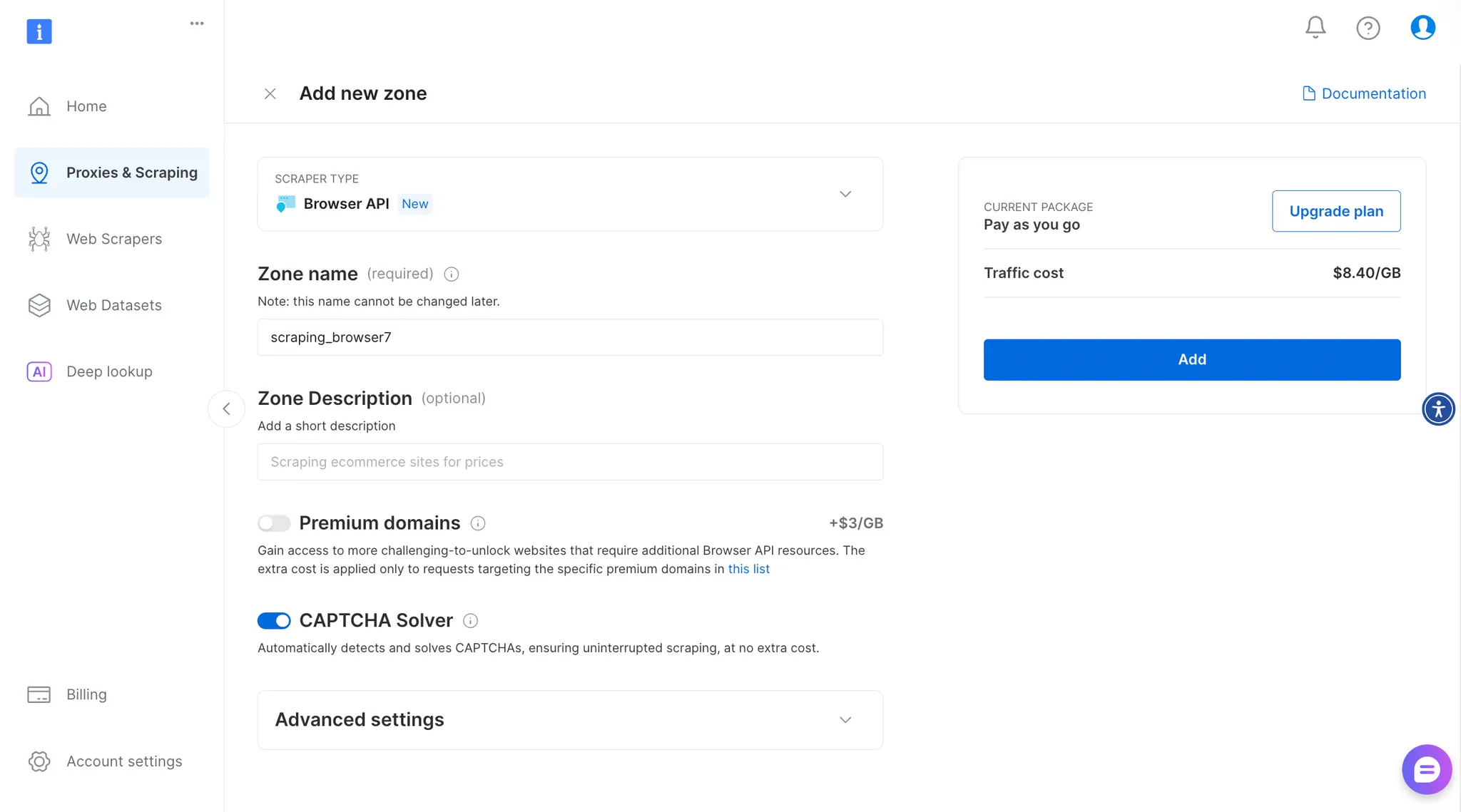 Añadir una nueva zona Browser API en la plataforma de Bright Data