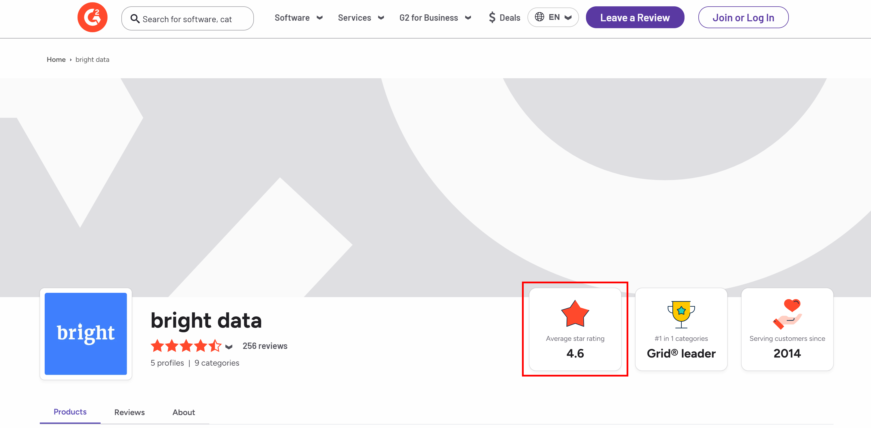 Información sobre la valoración media por estrellas de la página de vendedores de G2 de Bright Data