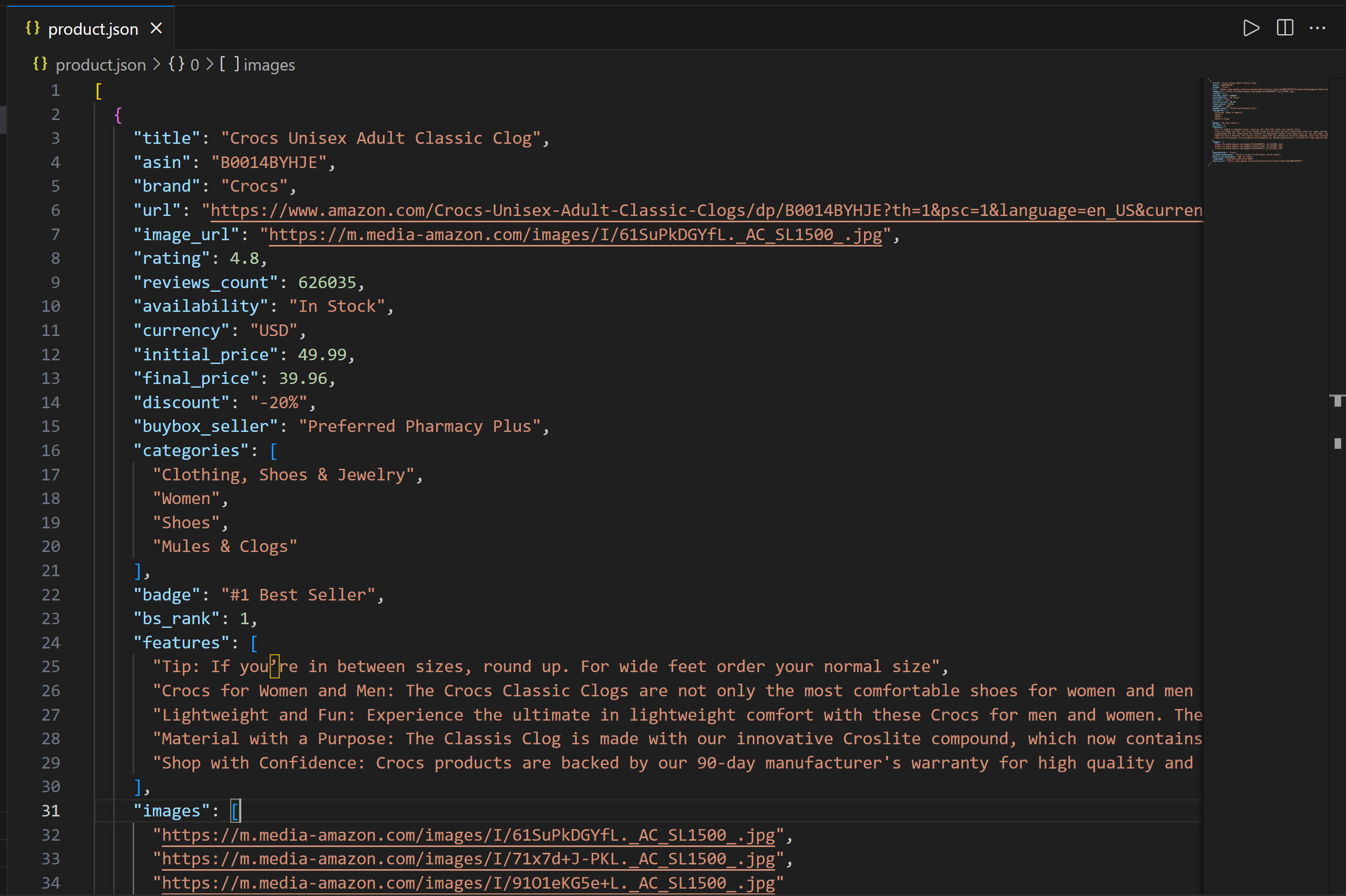 El archivo product.json en VS Code