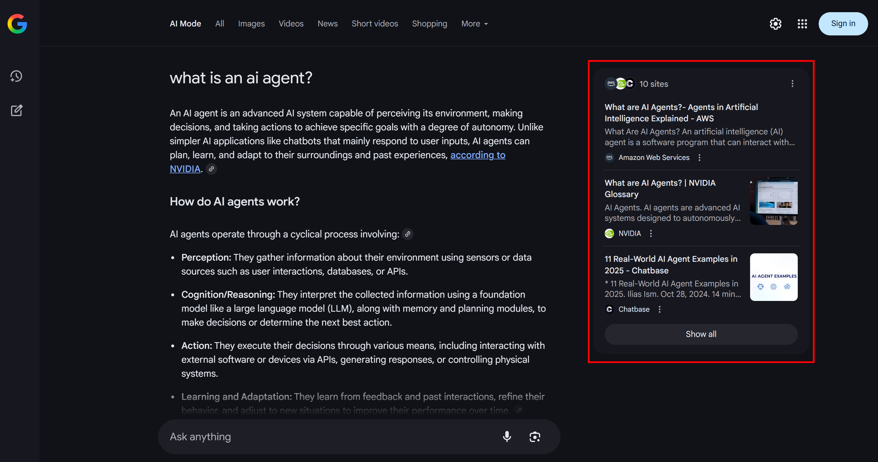 El abanico de consultas de una página de resultados del modo AI de Google