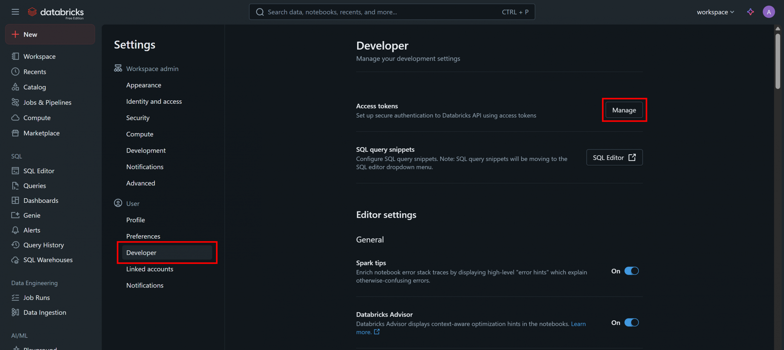 Clicking the “Manage” button in the “Access tokens” section