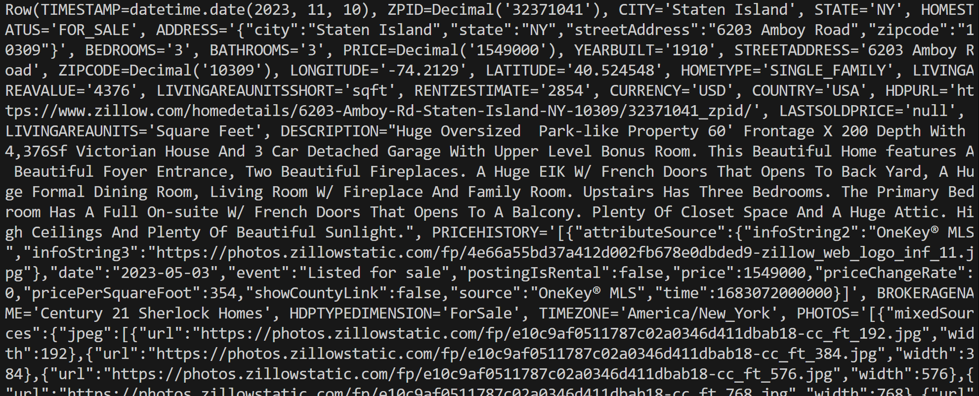 The output data for a single row