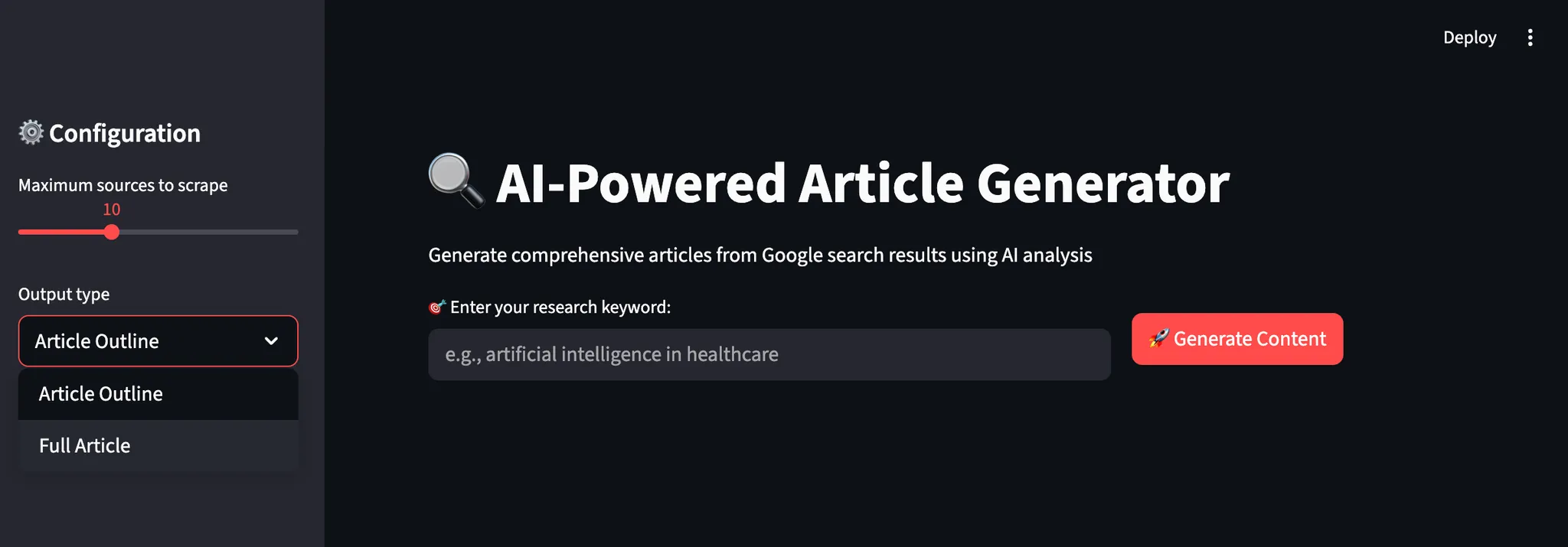 AI article generator UI
