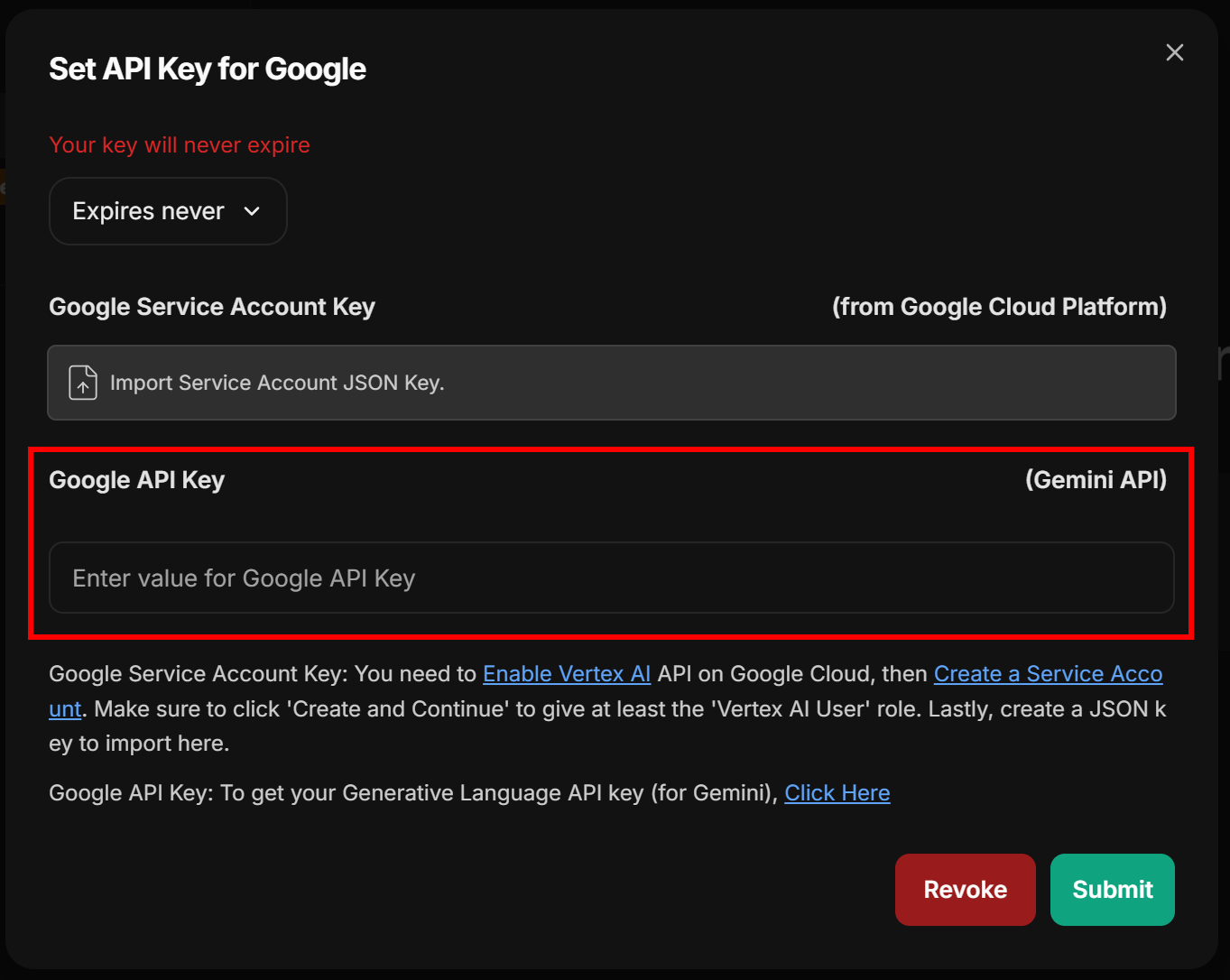 The “Set API key for Google” modal
