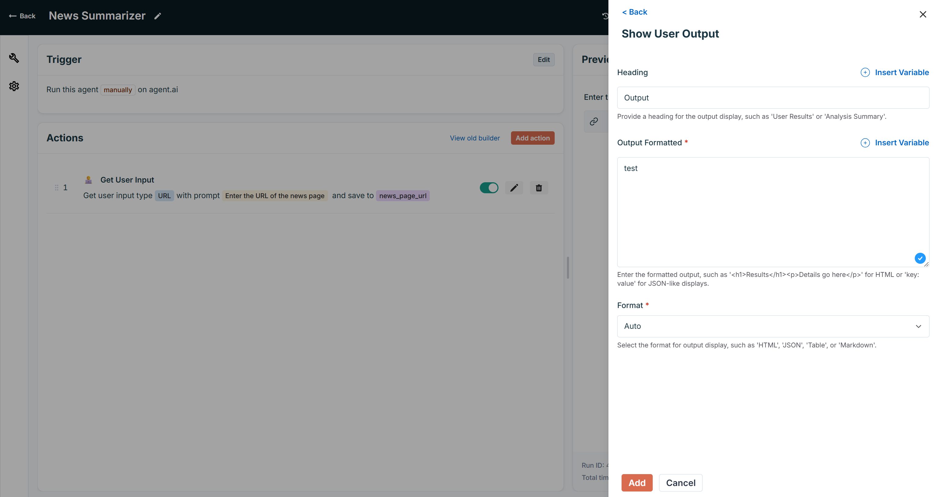 Configure the action with fixed output logic