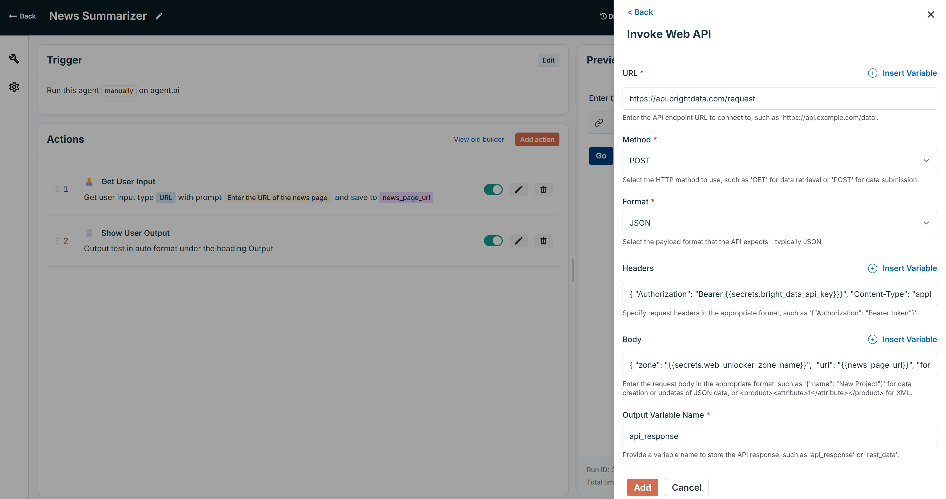 The configured “Invoke Web API” action for Web Unlocker API integration