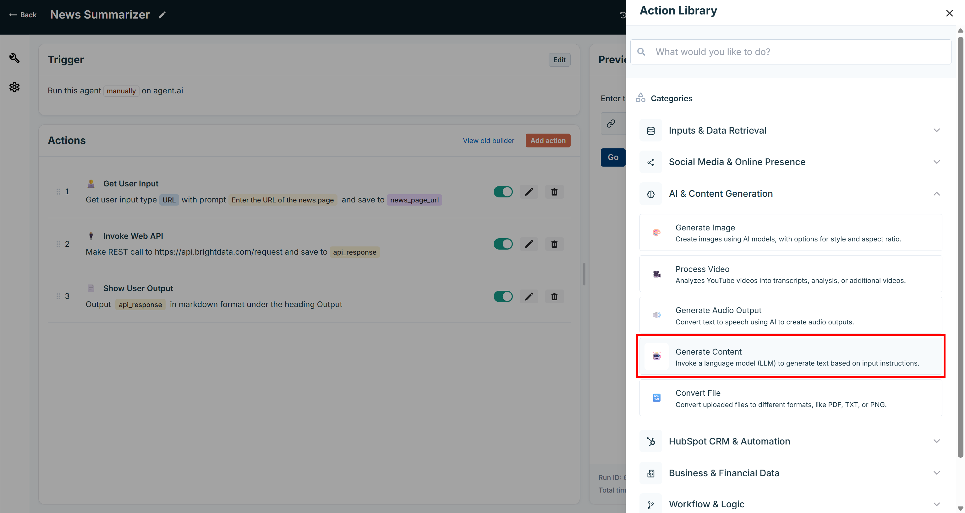 Selecting the “Generate Content” action
