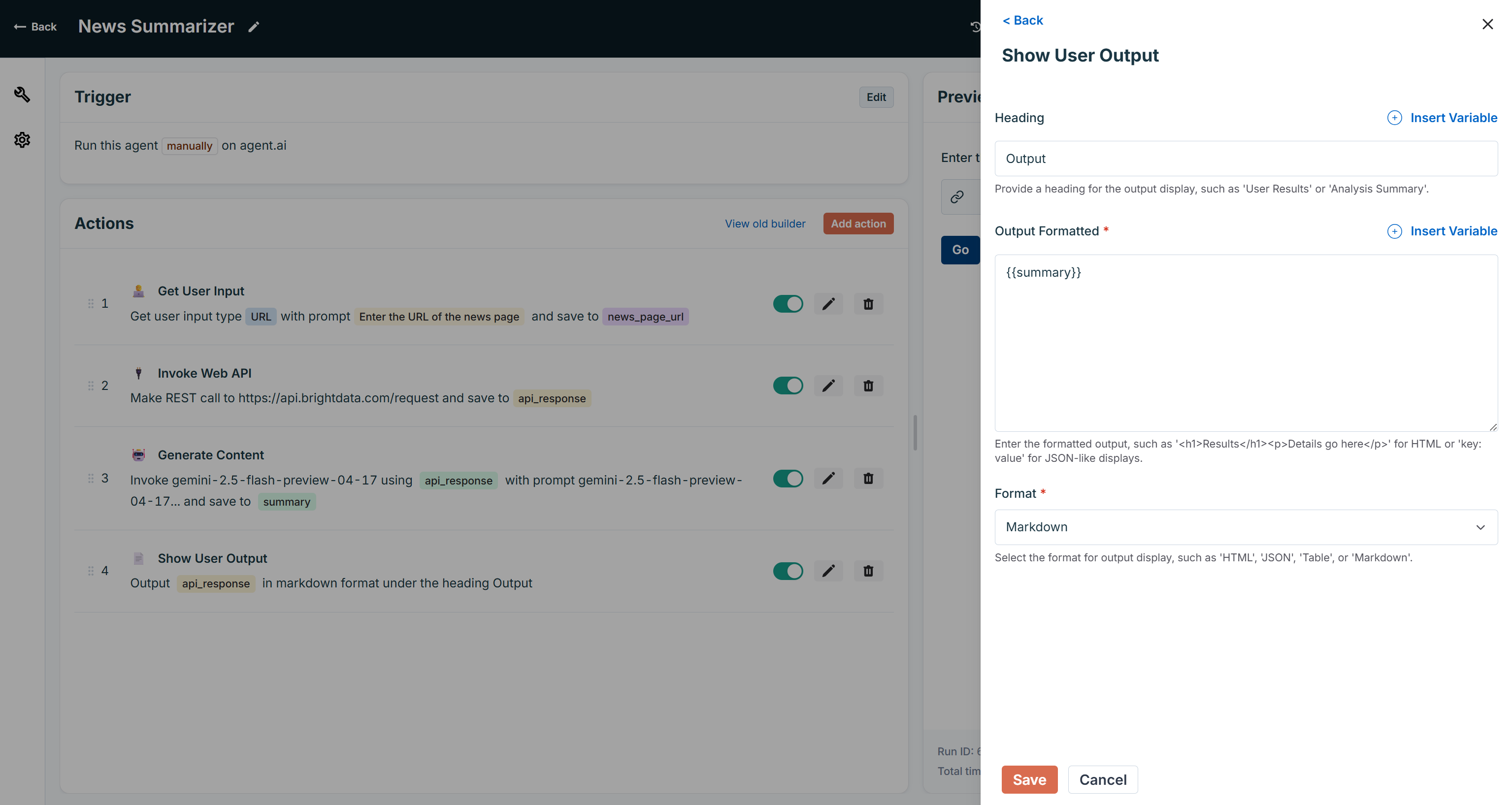 Properly configuring the “Show User Output” action