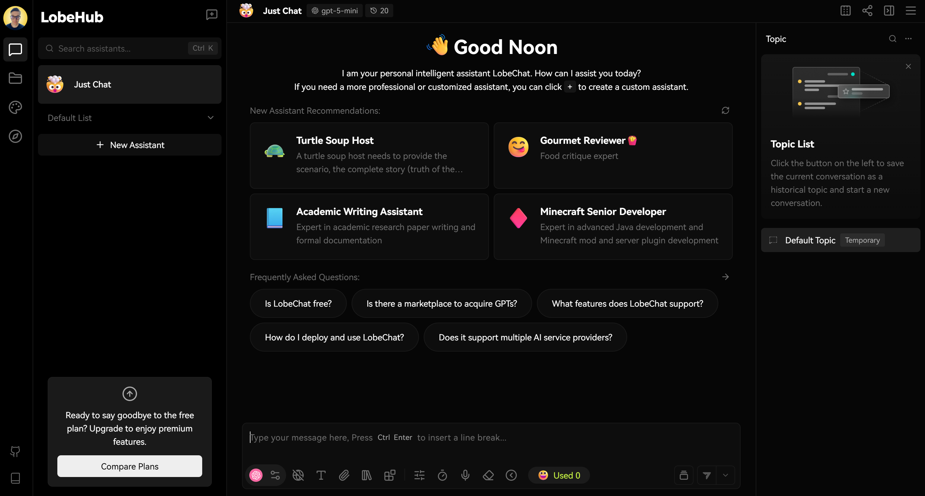 The LobeHub dashboard in LobeChat