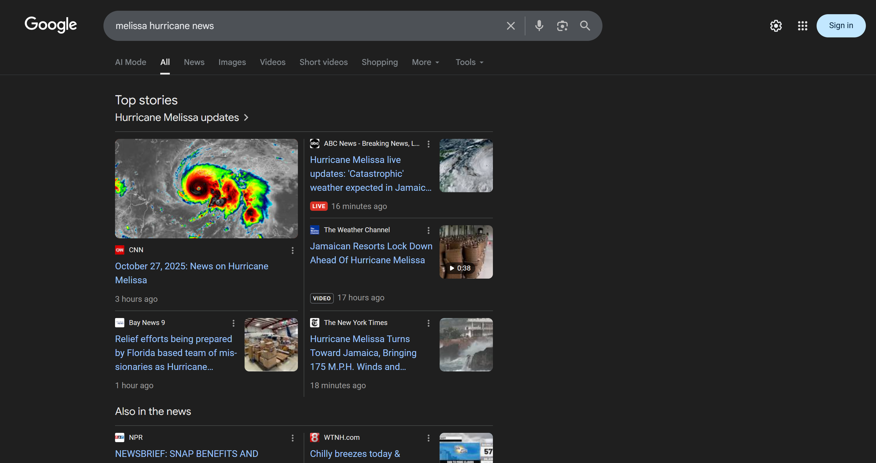 The SERP for “melissa hurricane news"