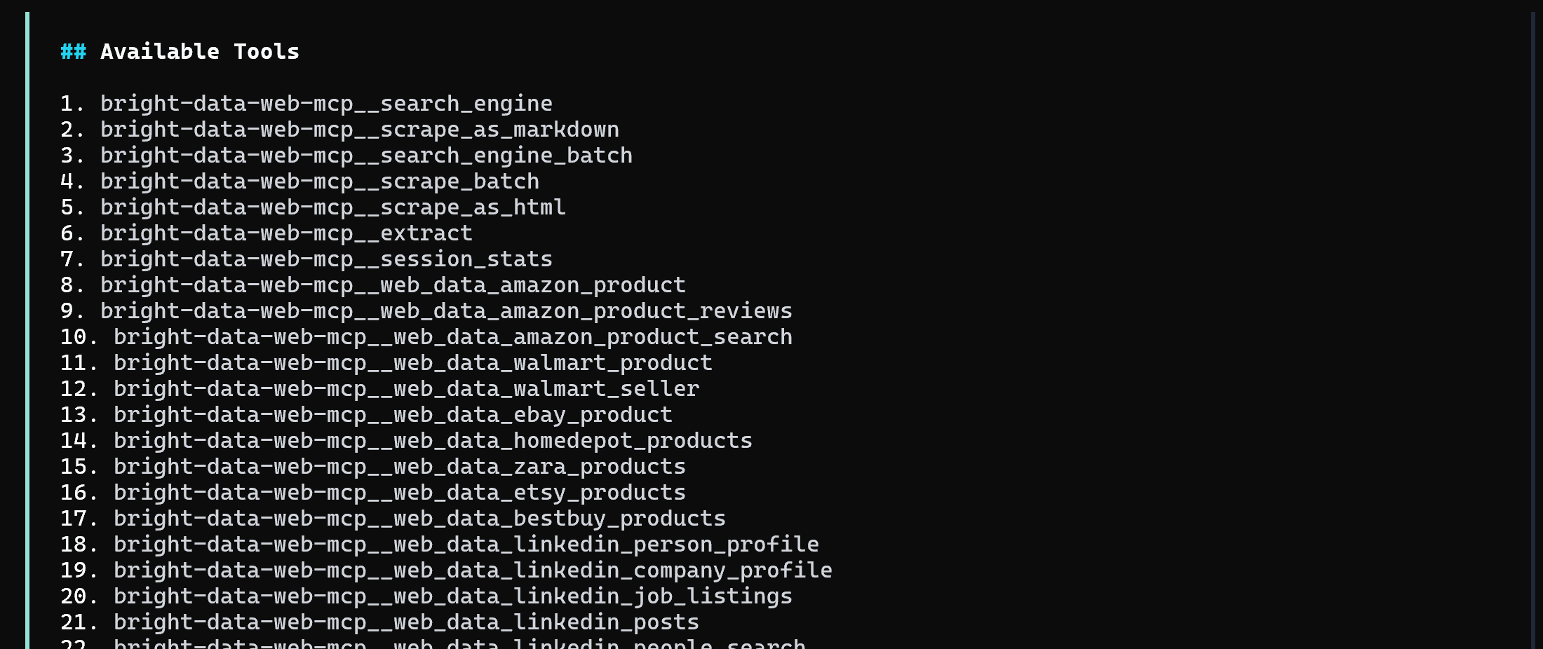 The list of tools from the Web MCP local server