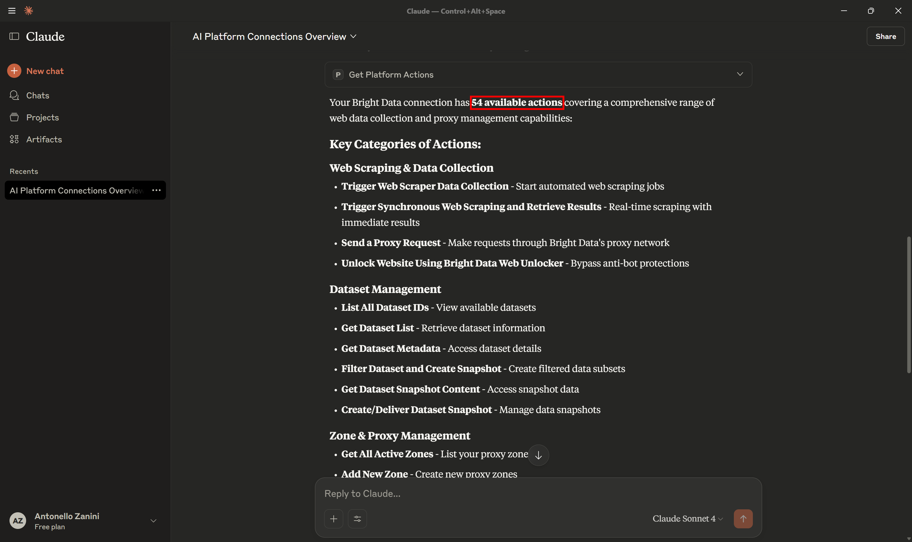The Bright Data actions available in Claude via the Pica MCP