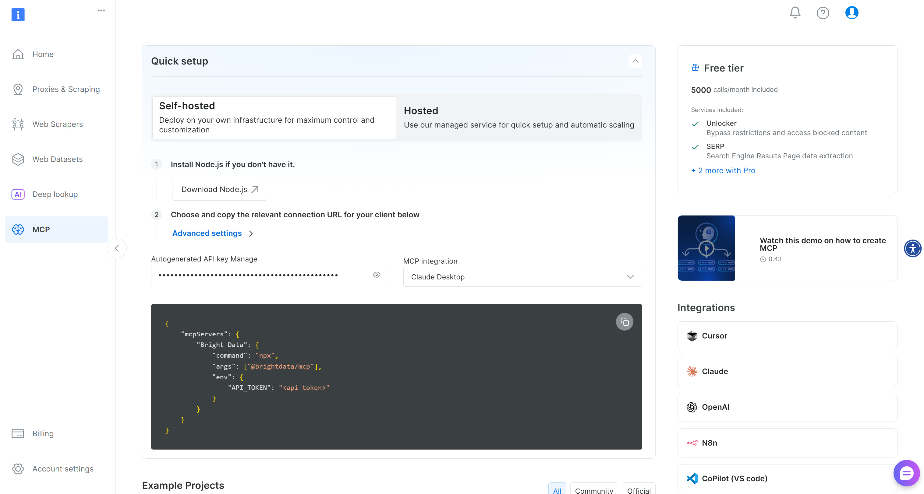 The Bright Data “MCP” page in your account