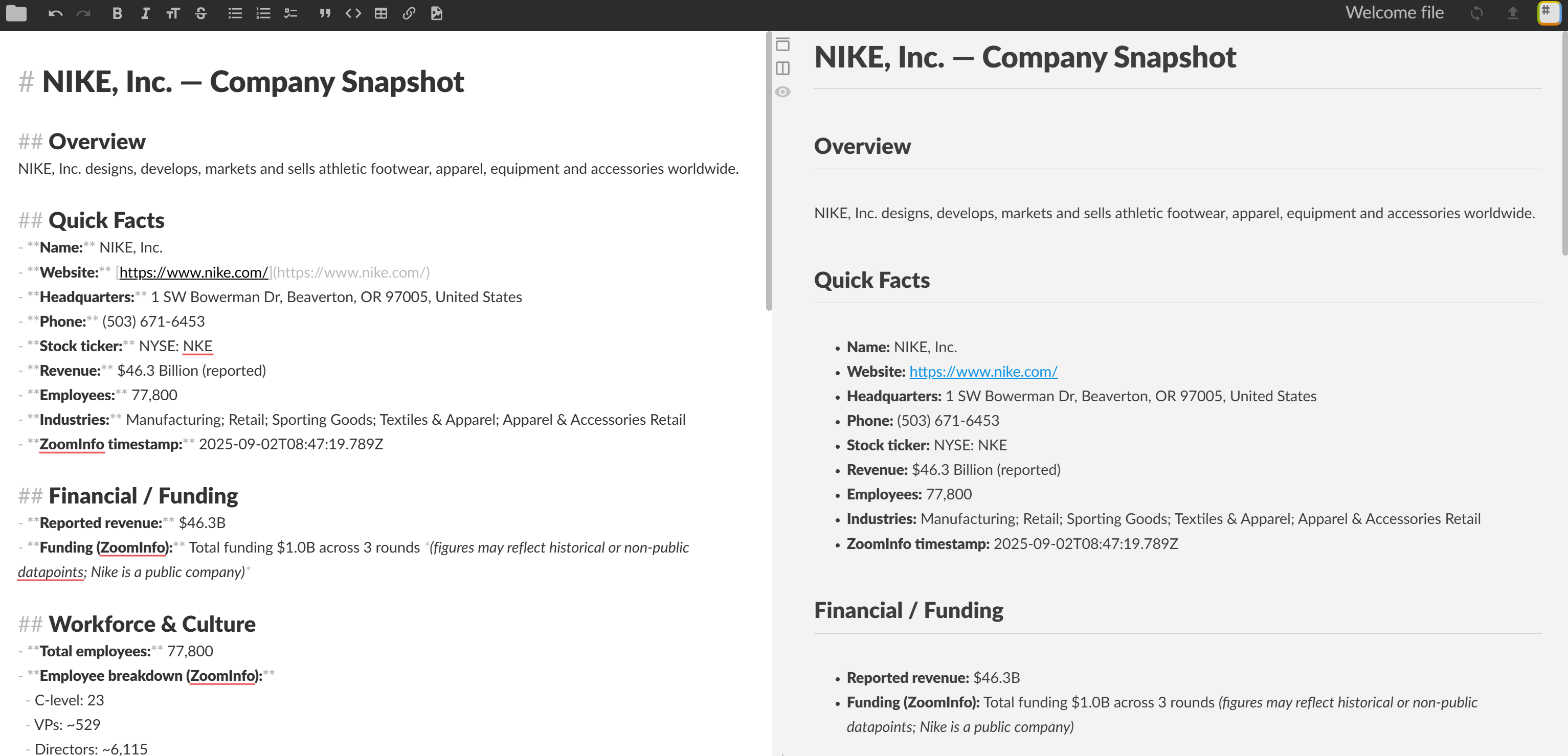 The AI-generated report in a Markdown viewer