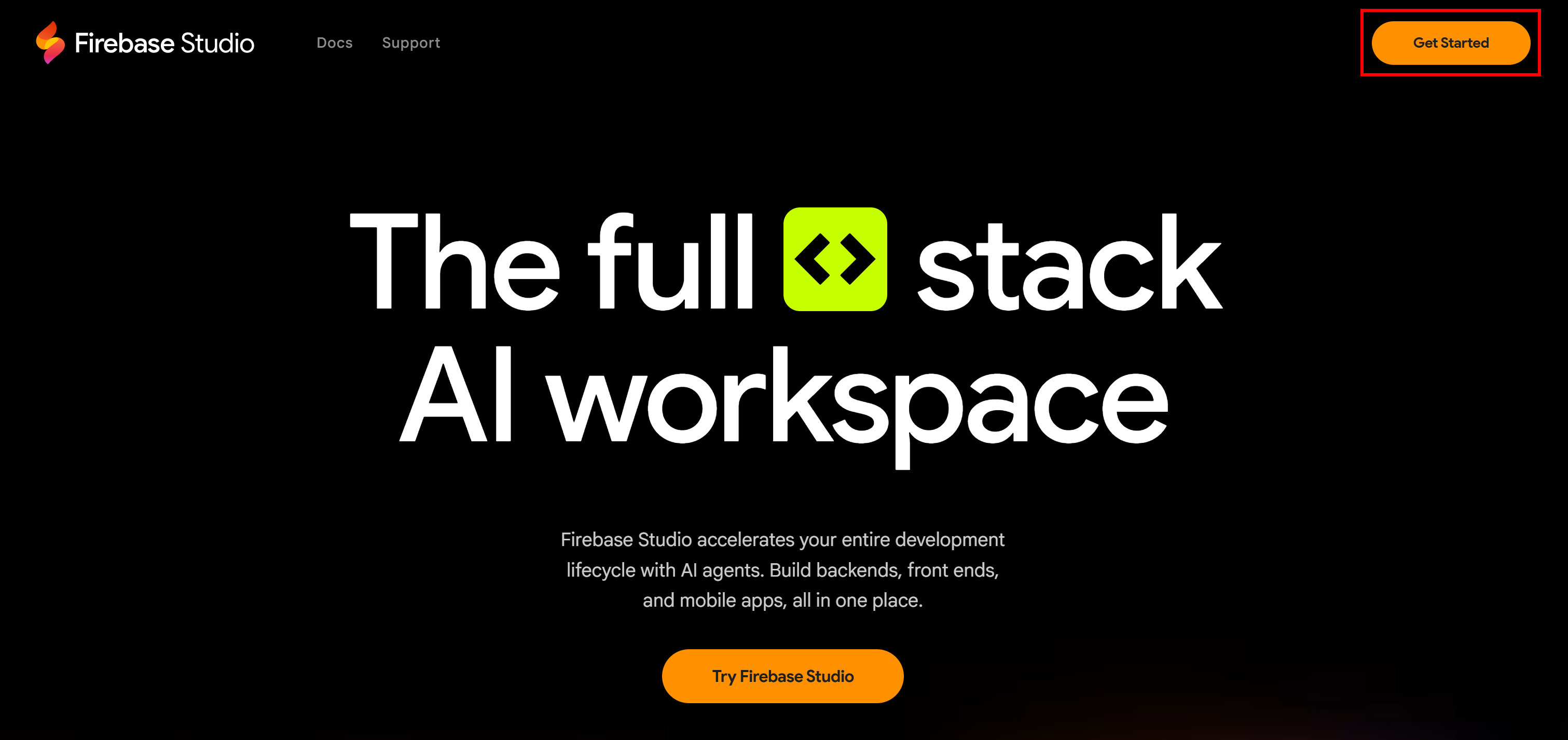 Clicking on "Get started" on Firebase Studio