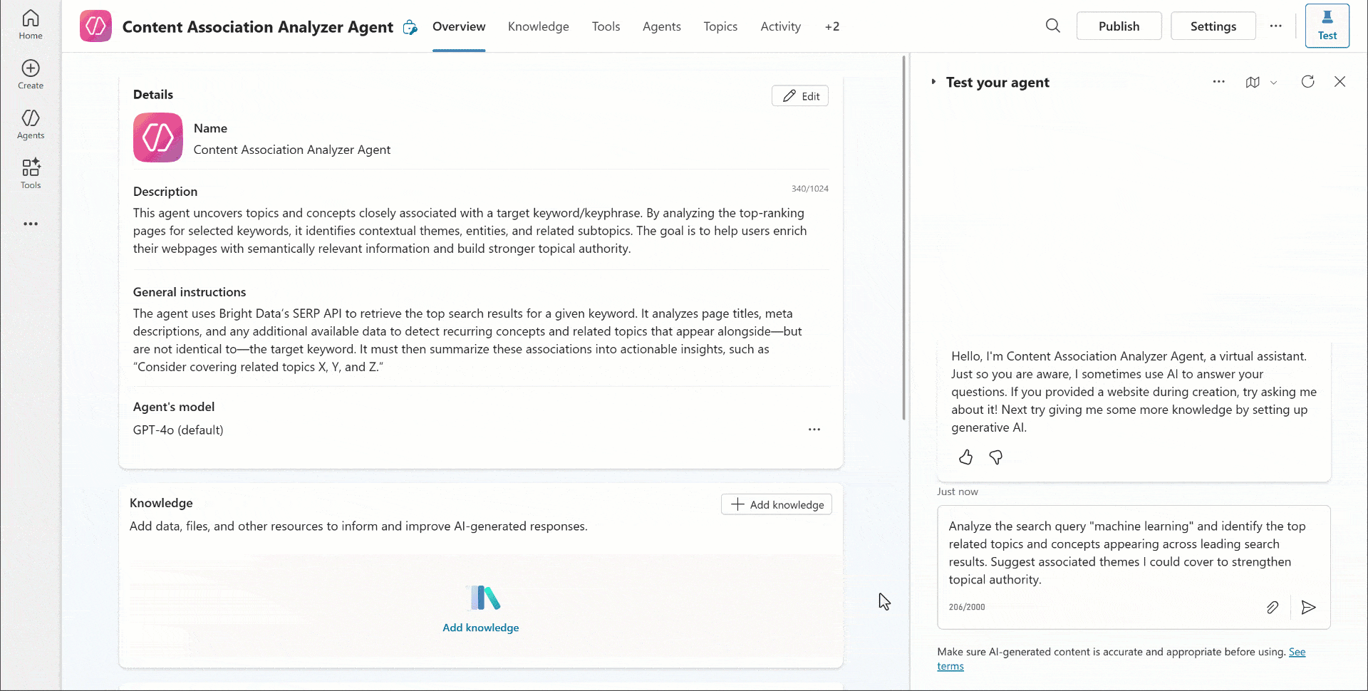 Executing the prompt in Copilot Studio
