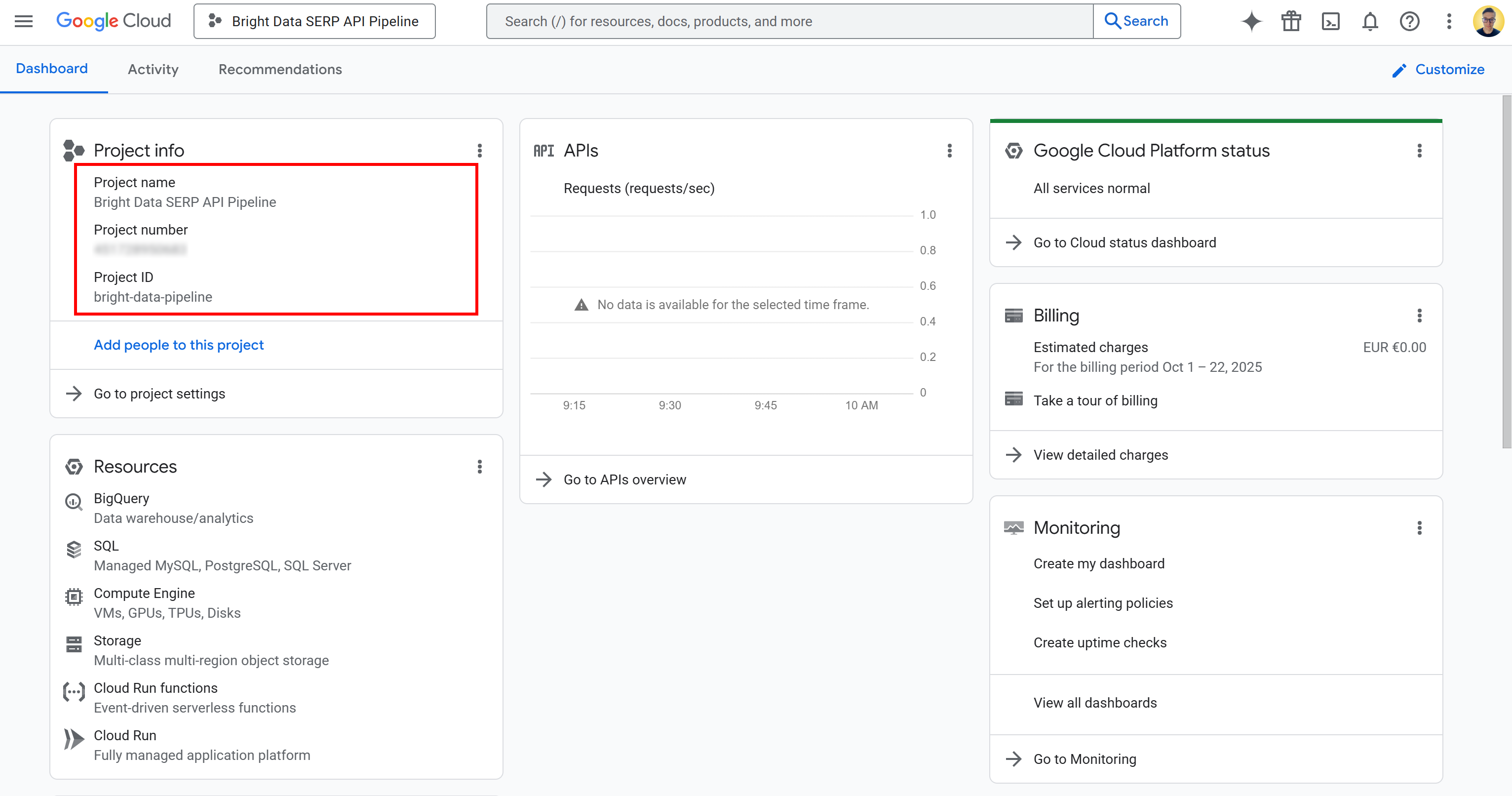 Your Google Cloud project’s dashboard
