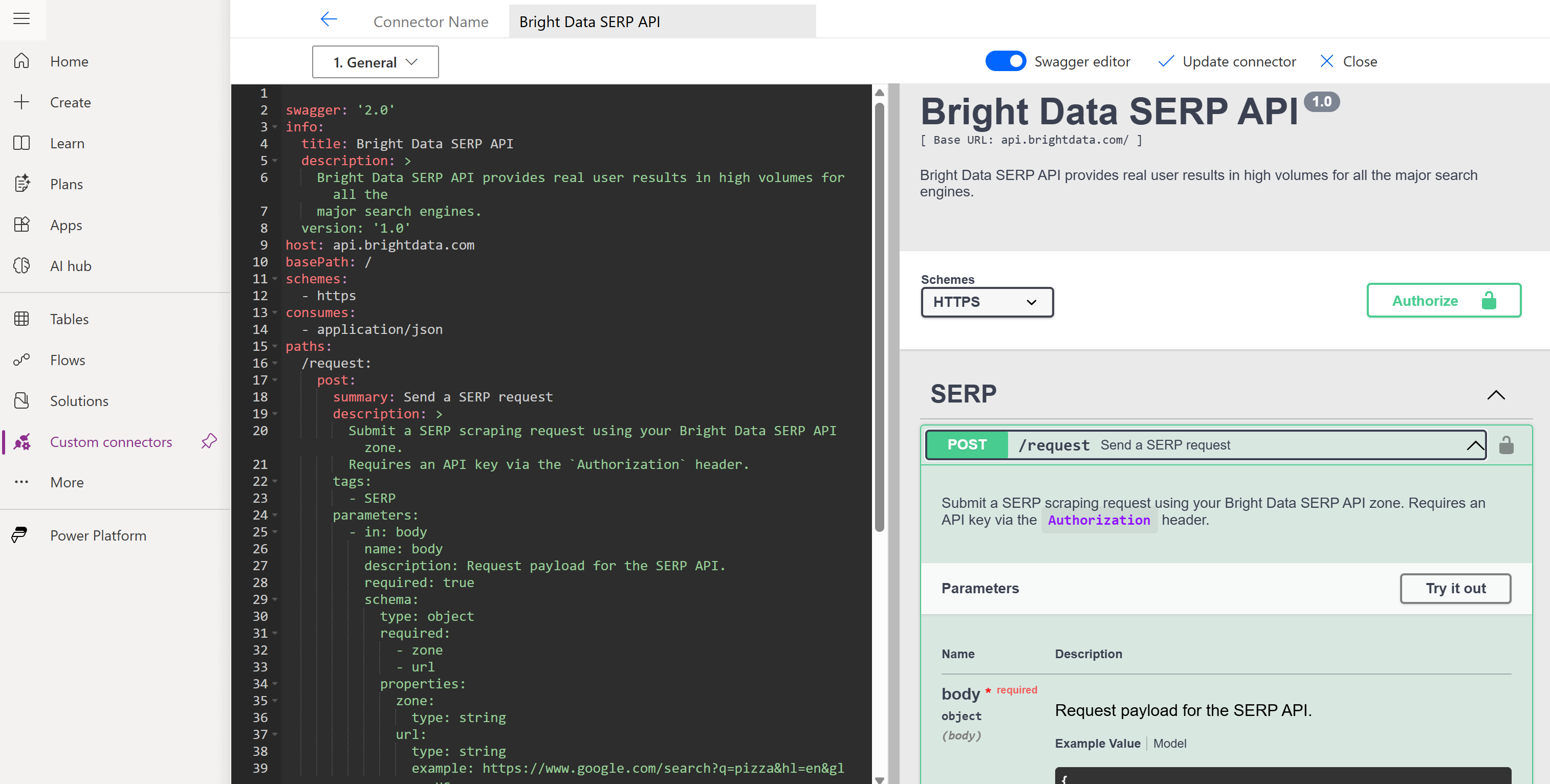 Defining the connector via a Swagger specification