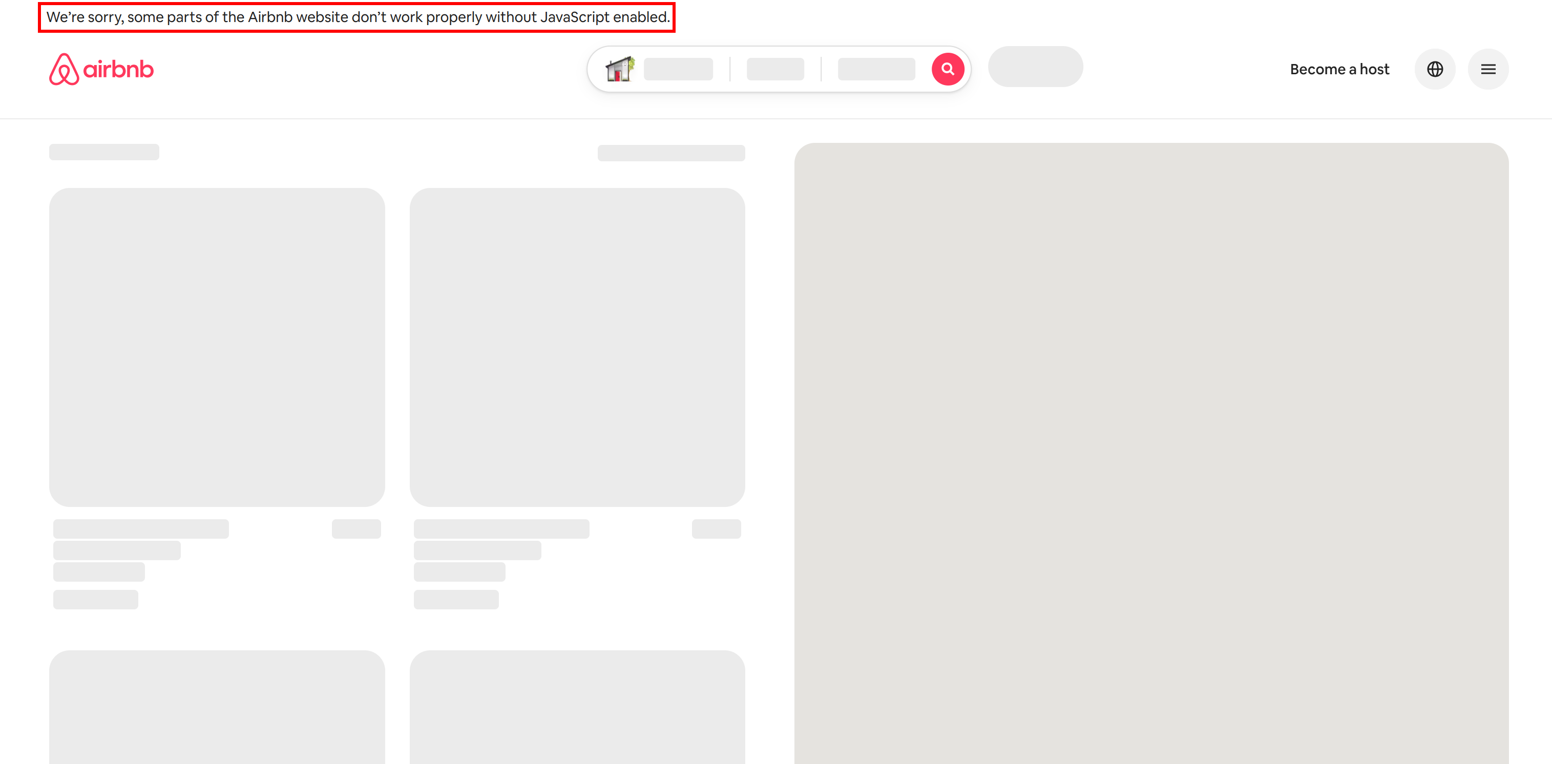 Airbnb search listing page not loading properly due to missing JavaScript