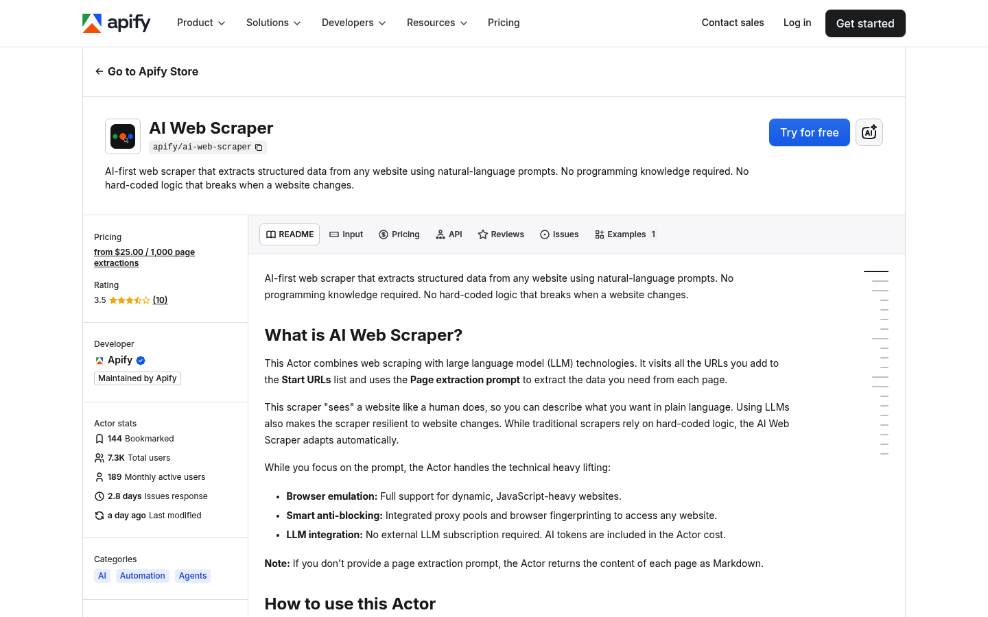 Captura de pantalla de la página del Actor AI Web Scraper de Apify, que muestra la herramienta de scraping sin código impulsada por lenguaje natural en la plataforma Apify.