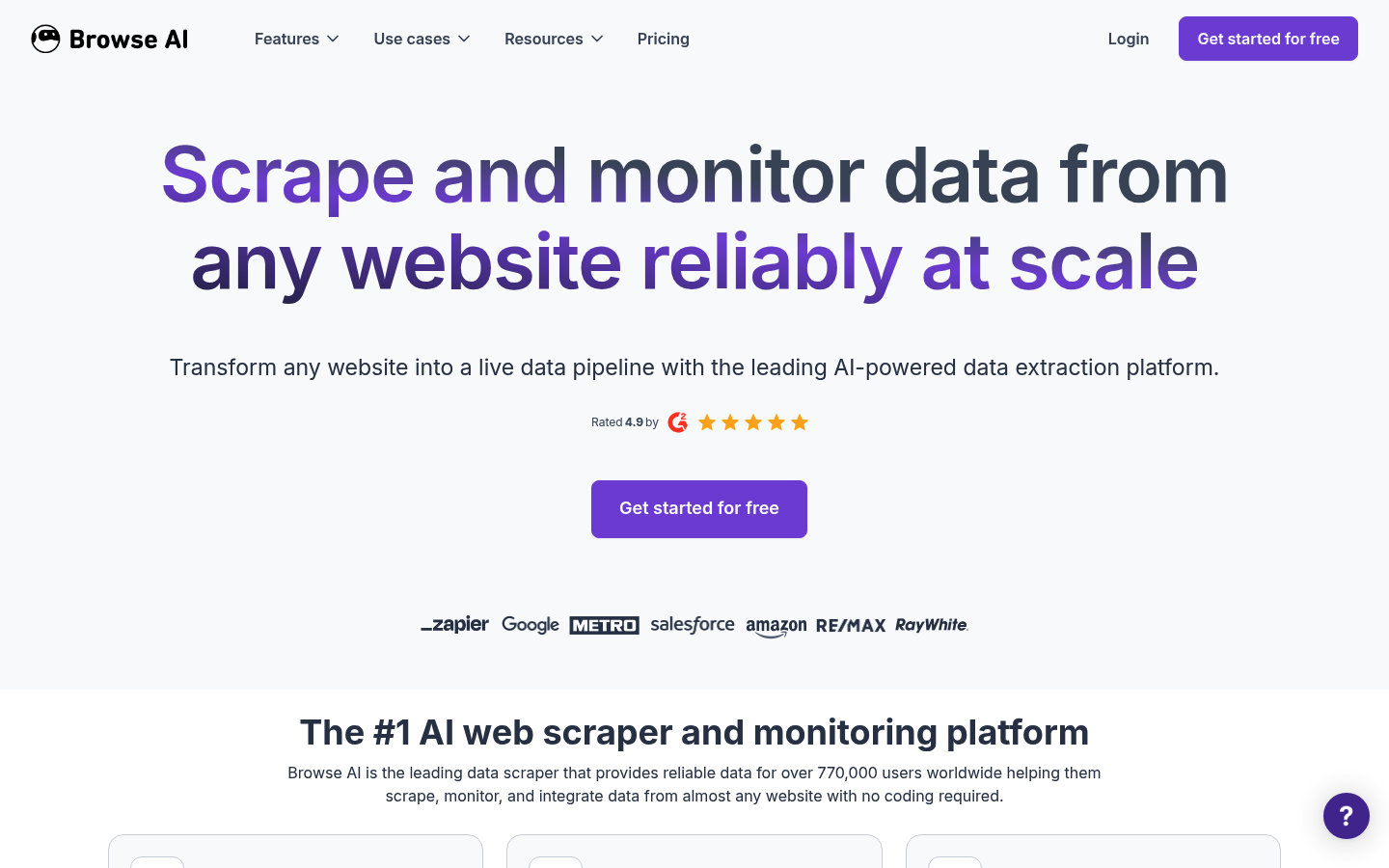 Captura de pantalla de la página principal de la plataforma de scraping web sin código Browse AI, que muestra su interfaz visual y funciones de automatización.