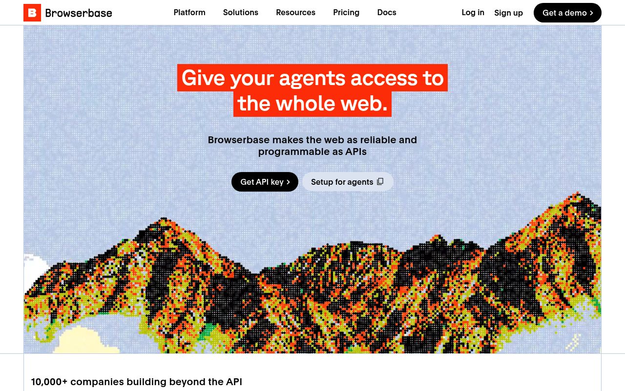Captura de pantalla de la página principal de la plataforma de navegador headless en la nube Browserbase, que muestra su infraestructura para agentes de IA y las características del navegador stealth.