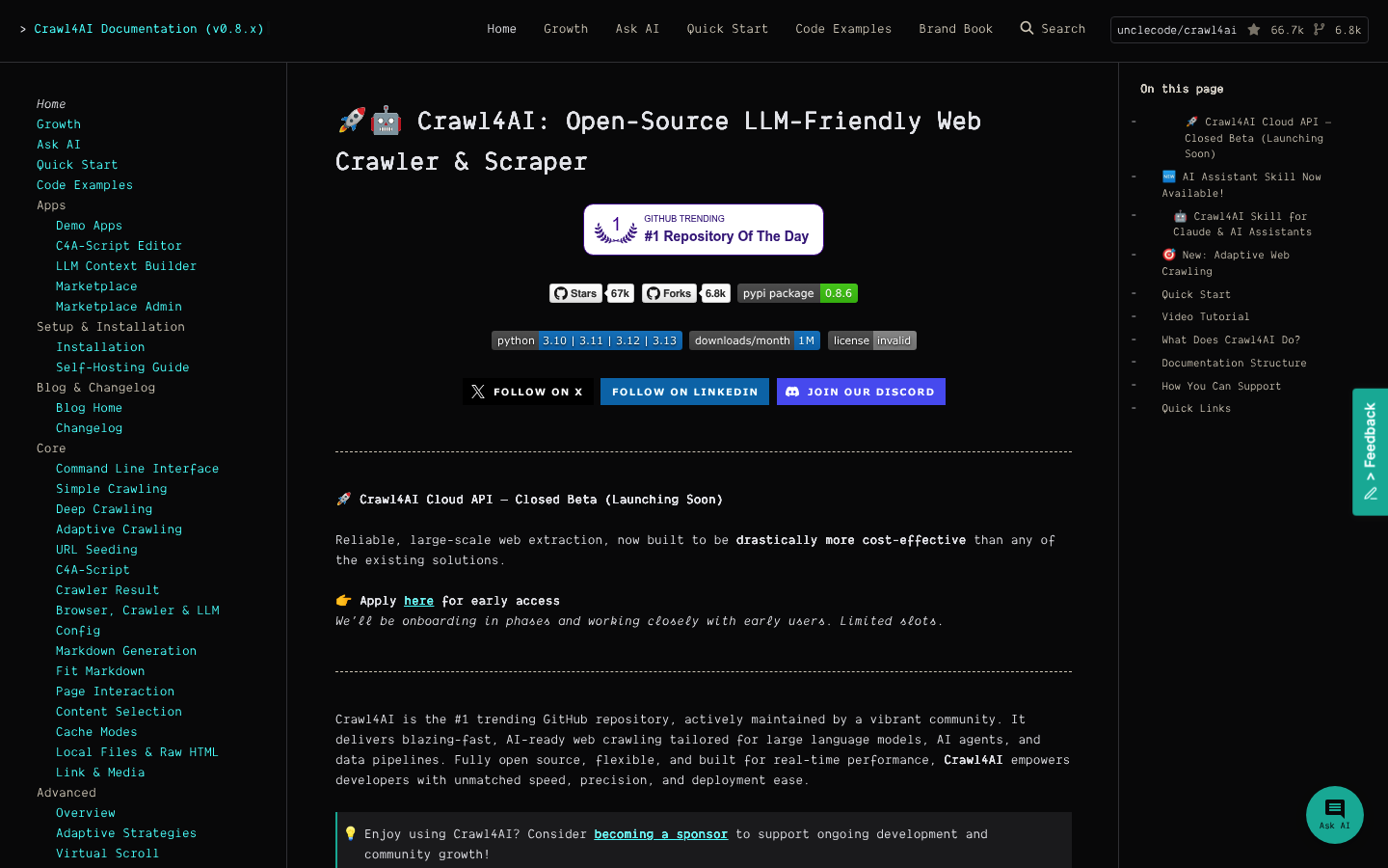 Captura de pantalla de la página principal de la biblioteca de scraping web de código abierto Crawl4AI, que muestra su documentación y características principales.