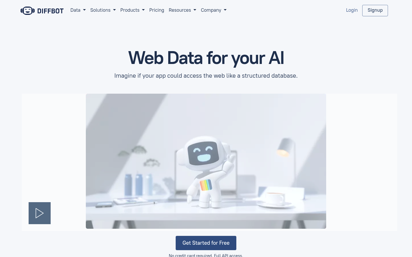 Captura de pantalla de la página principal de Diffbot que muestra su plataforma de extracción de datos web con IA y el producto Knowledge Graph.