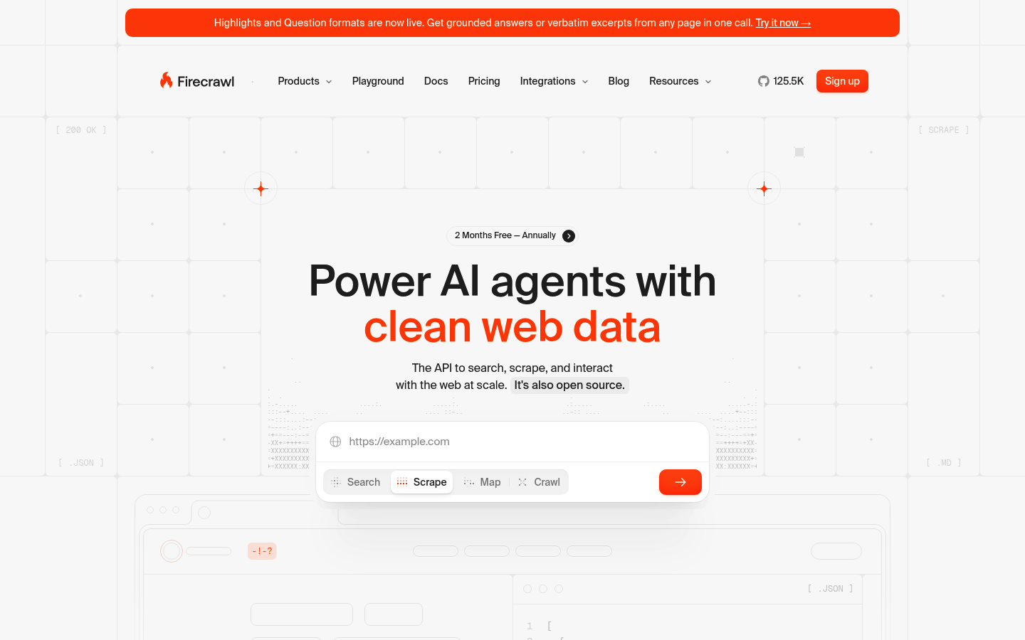 Captura de pantalla de la página principal de Firecrawl que muestra la plataforma API de scraping web con IA orientada a desarrolladores con su resumen de precios y características.