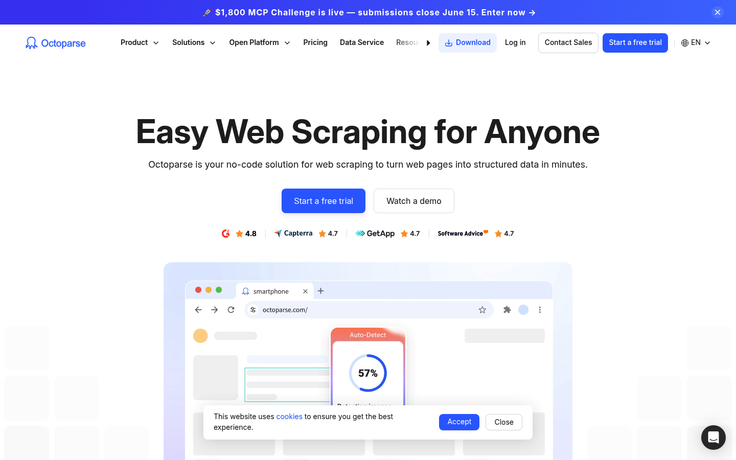 Captura de pantalla de la página principal de la plataforma de scraping web sin código Octoparse, que muestra su interfaz visual y características de extracción en la nube.
