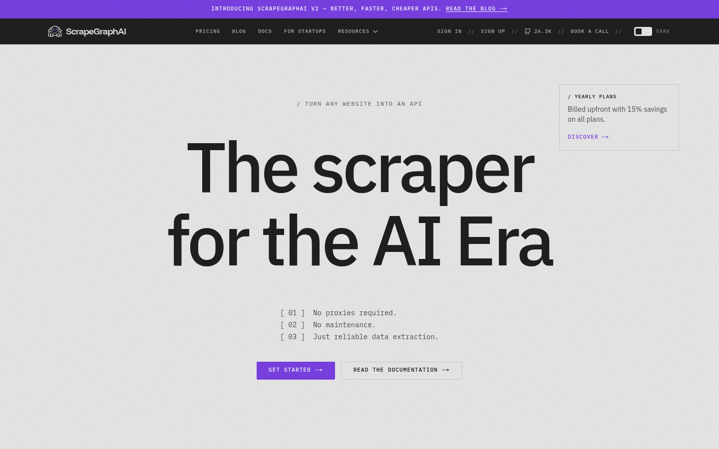 Captura de pantalla de la página principal de ScrapeGraphAI que muestra su API de scraping web nativa de IA y su biblioteca de código abierto.