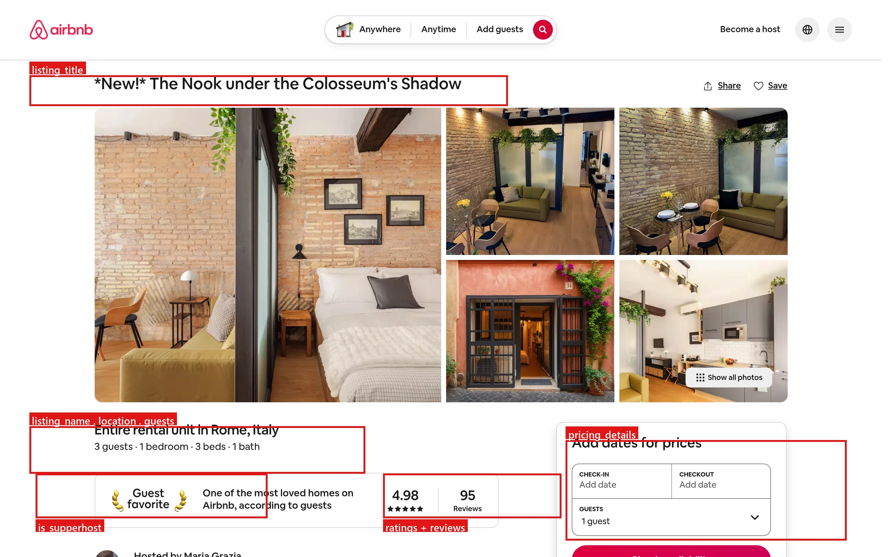 Anatomía de un listado de Airbnb: elementos de la página mapeados a los campos que se extraen