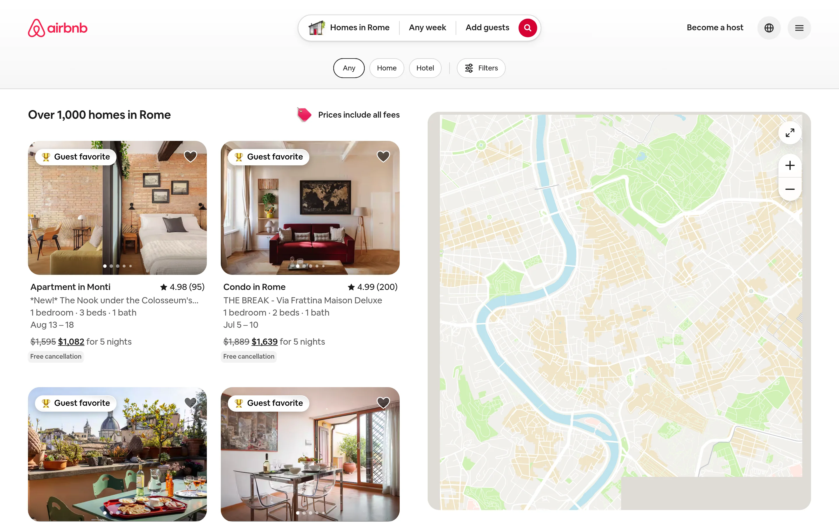 Resultados de búsqueda de Airbnb tal como los ve un navegador
