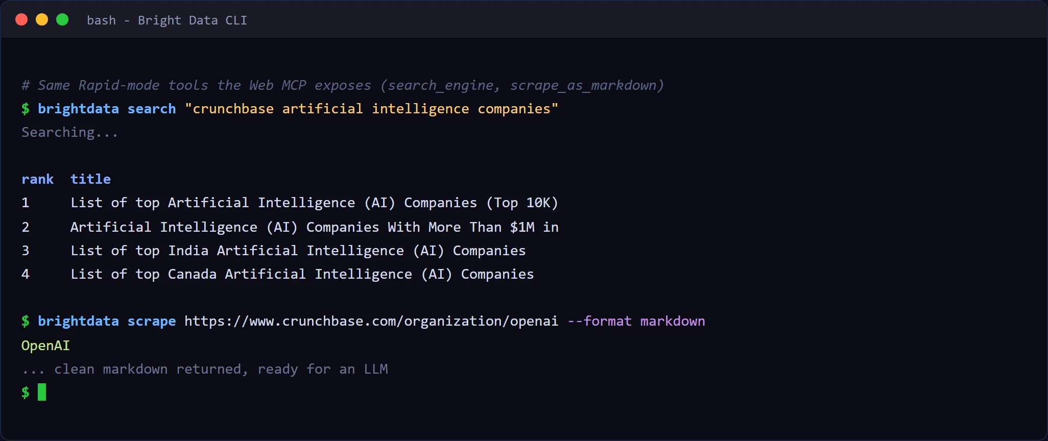 Uso de las herramientas Web MCP desde la CLI de Bright Data