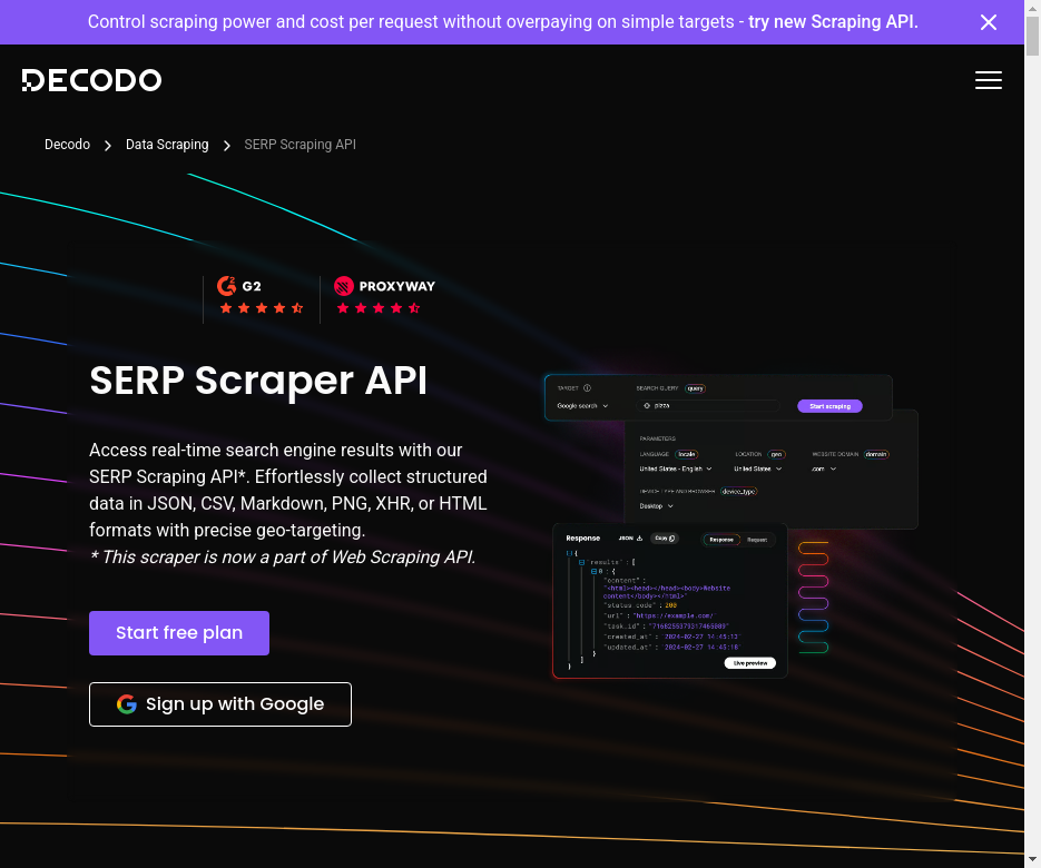 Página de la API Scraper SERP de Decodo