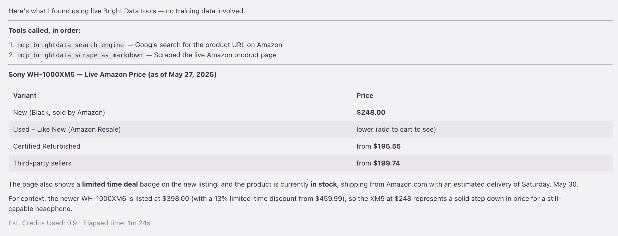 Agente Kiro: search_engine luego scrape_as_markdown devuelve un precio en vivo de Sony WH-1000XM5 en Amazon de $248.00 con estado de stock. 0.9 créditos.