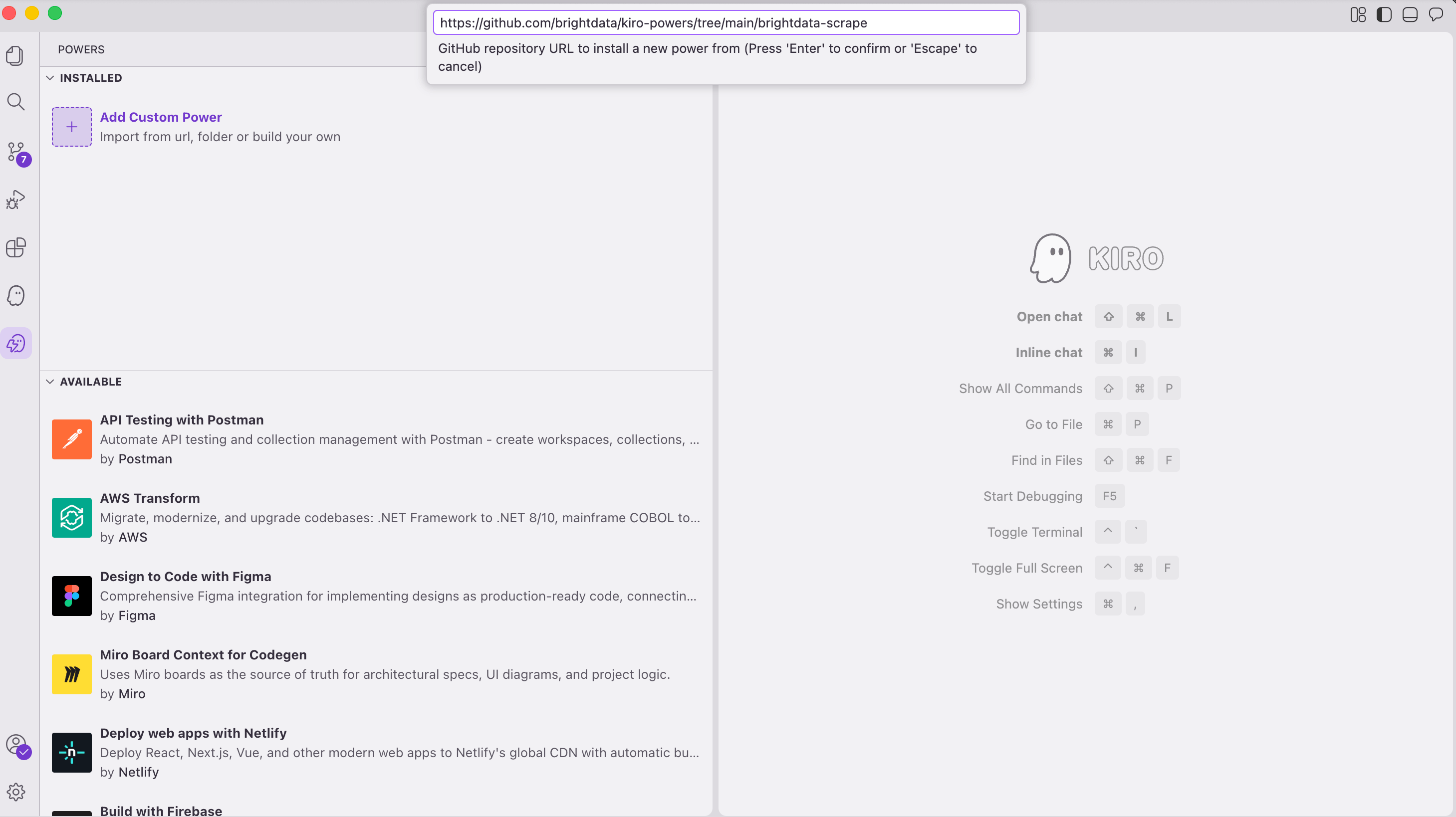 Modal Add Custom Power de Kiro: URL de GitHub de brightdata-scrape pegada en el campo de entrada, con el indicador 'Press Enter to confirm' visible.