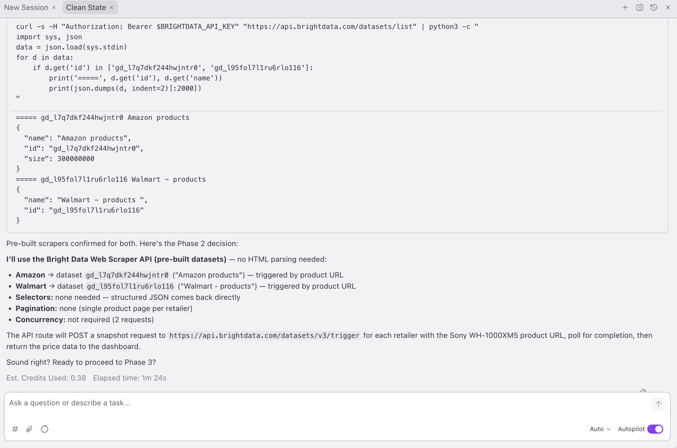Kiro Fase 2: conjunto de datos preconfigurado elegido para Amazon y Walmart, con la puerta de confirmación '¿Listo para continuar a la Fase 3?'. 0.38 créditos, 1m 24s.