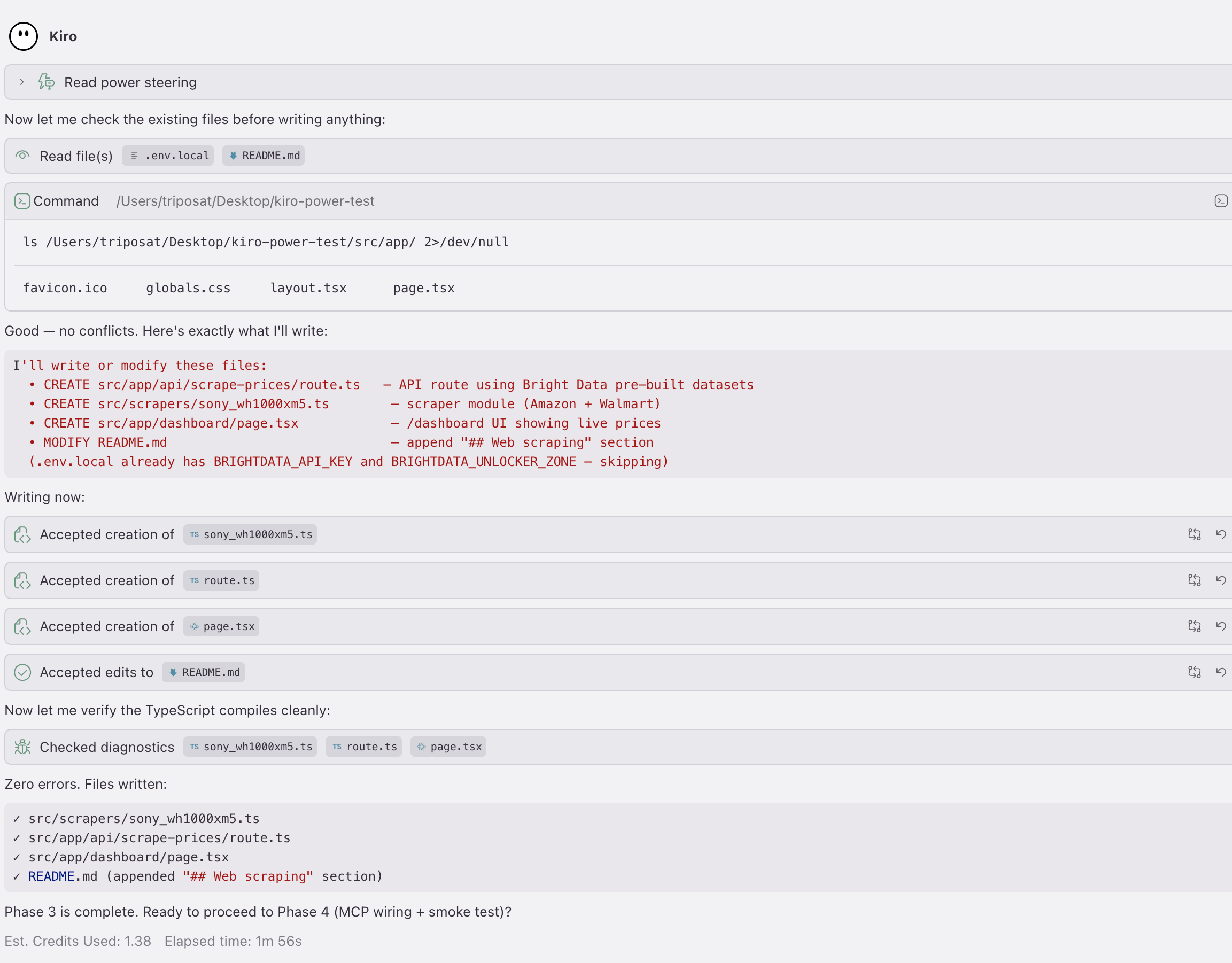 Chat de Kiro mostrando la Fase 3 del Power brightdata-scrape completa: cuatro archivos escritos, cero errores de TypeScript, 1.38 créditos usados en 1m 56s.