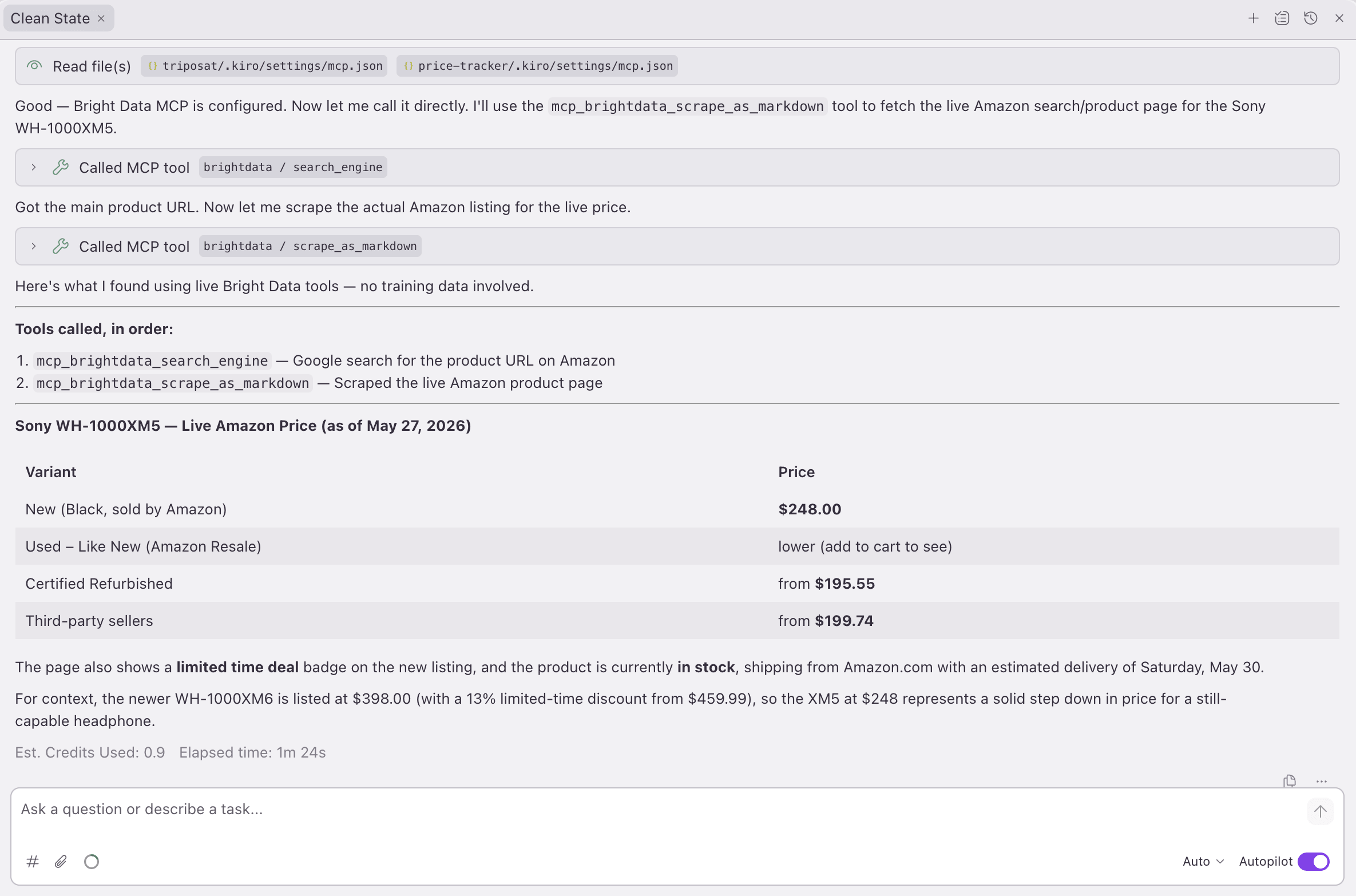 Chat de Kiro, ejecución completa: el agente elige search_engine y luego scrape_as_markdown por sí solo, devolviendo un precio en vivo del Sony WH-1000XM5 en Amazon. 1m 24s, 0.9 créditos.