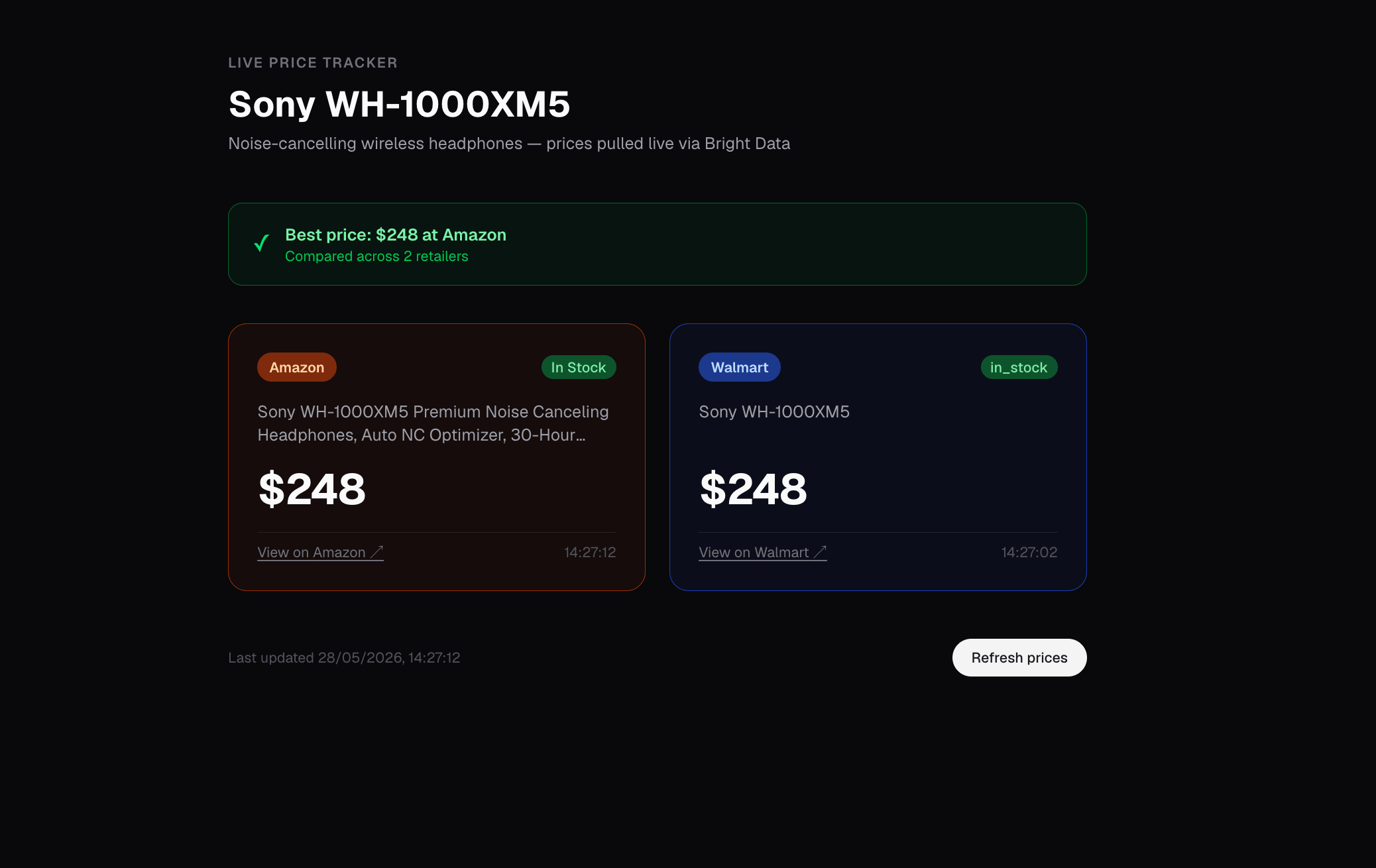 La ruta home (/) a las 14:27 del 28 de mayo de 2026: Sony WH-1000XM5 a $248 en Amazon y Walmart, mostrado como tarjetas con un banner verde 'Mejor precio' en Amazon.