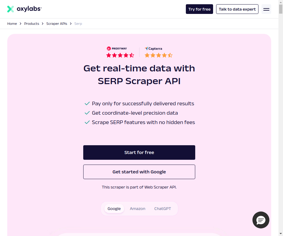 Página de la API Scraper SERP de Oxylabs