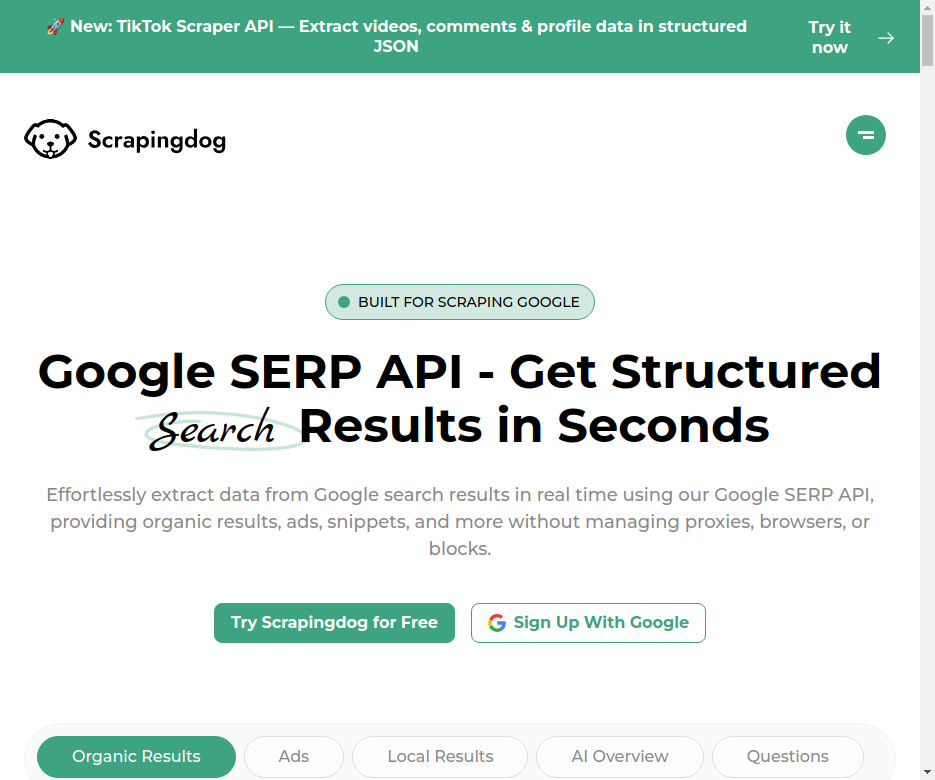 Página de la API SERP de Google de Scrapingdog