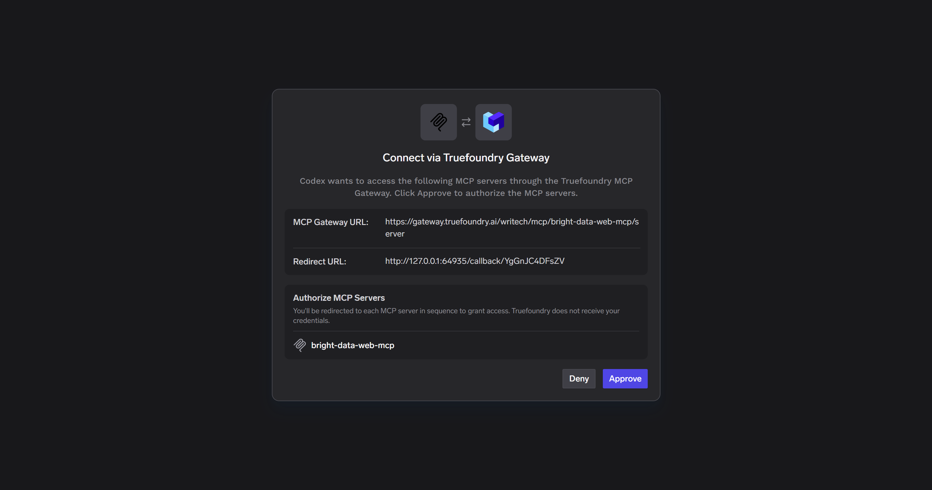 La página de autorización OAuth de TrueFoundry para tu MCP Gateway