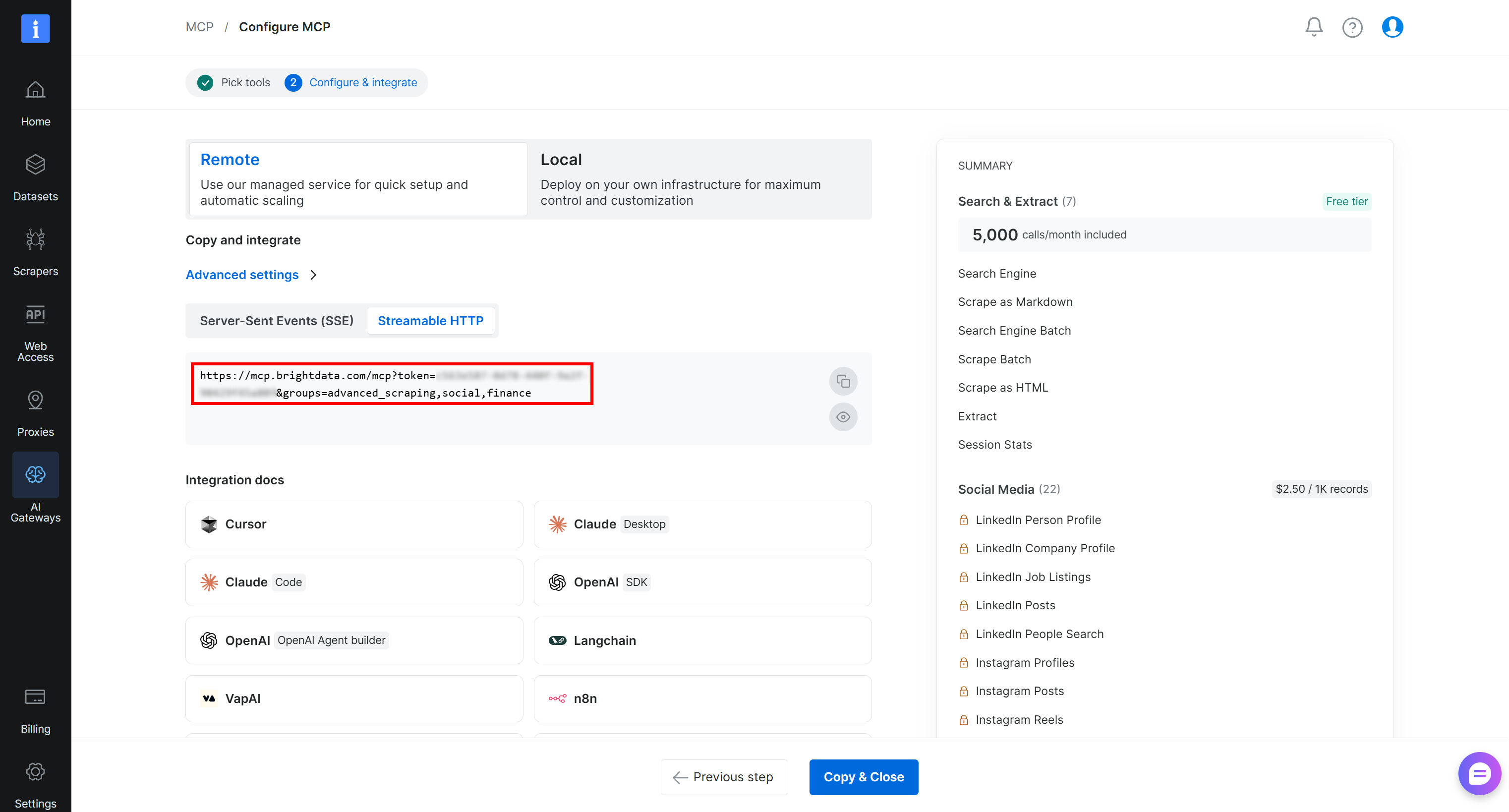 Observa la URL de conexión del Web MCP configurada