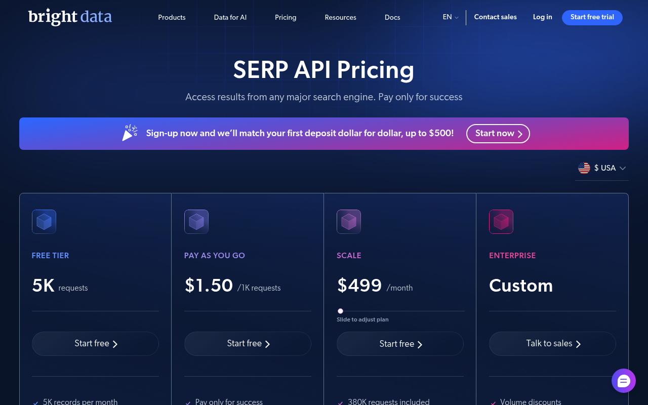 Página de plan y precios de la API SERP gratuita de Bright Data