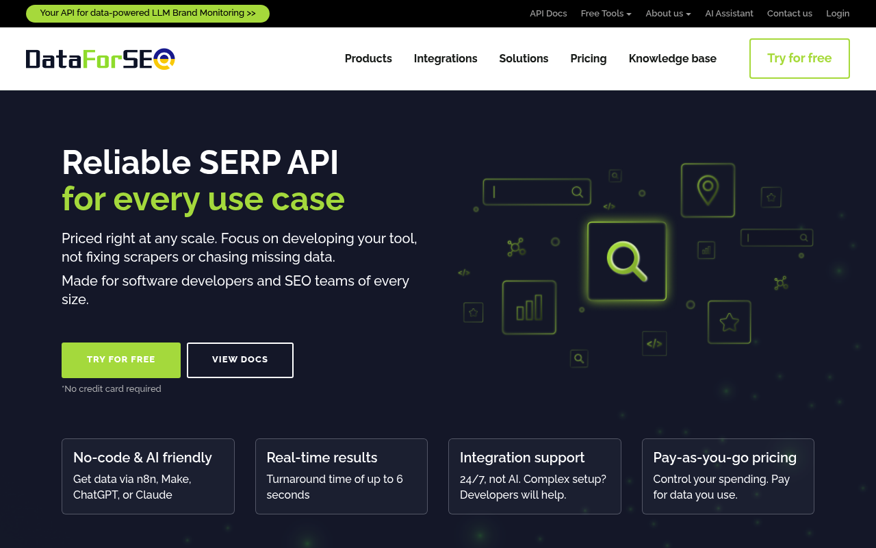Página de plan y precios de la API SERP gratuita de DataForSEO
