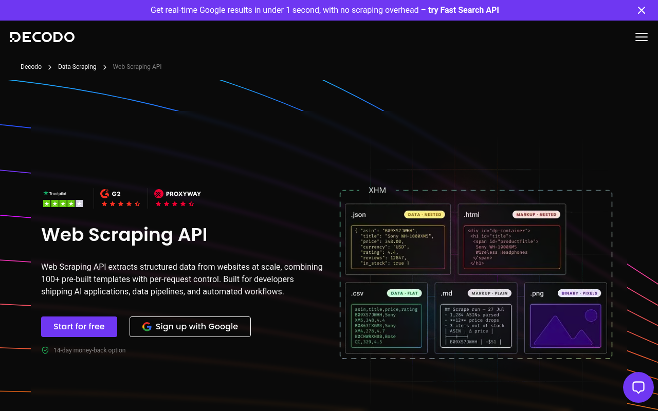 Página de plan y precios de la API SERP gratuita de Decodo